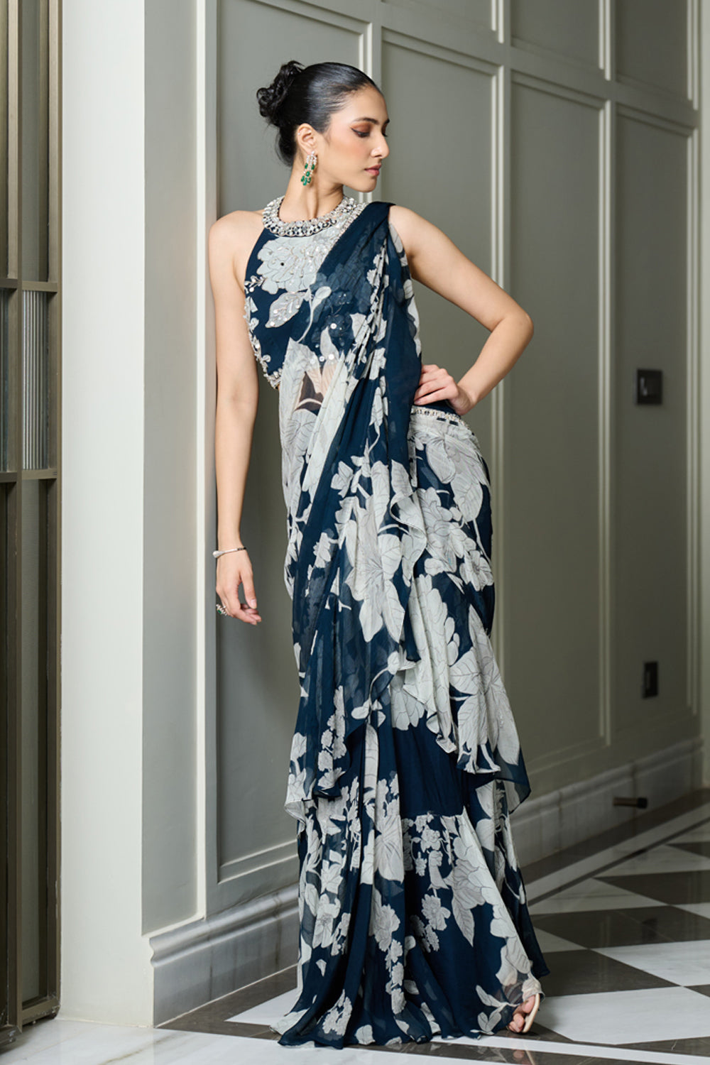 Blue Floral Print Saree - MARKET