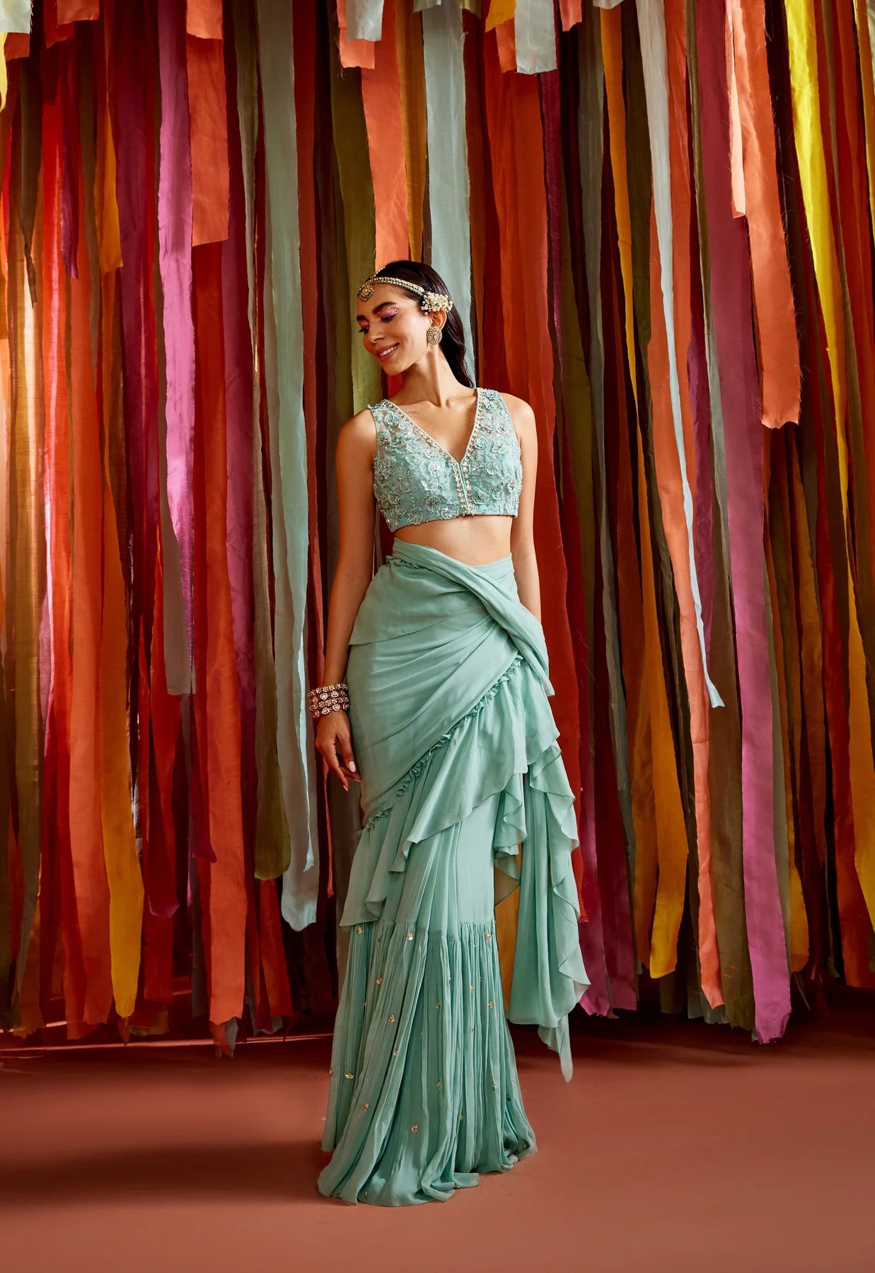 Mint Green Ruffle Saree - MARKET