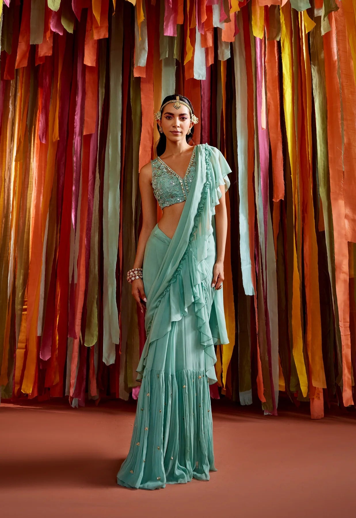 Mint Green Ruffle Saree - MARKET