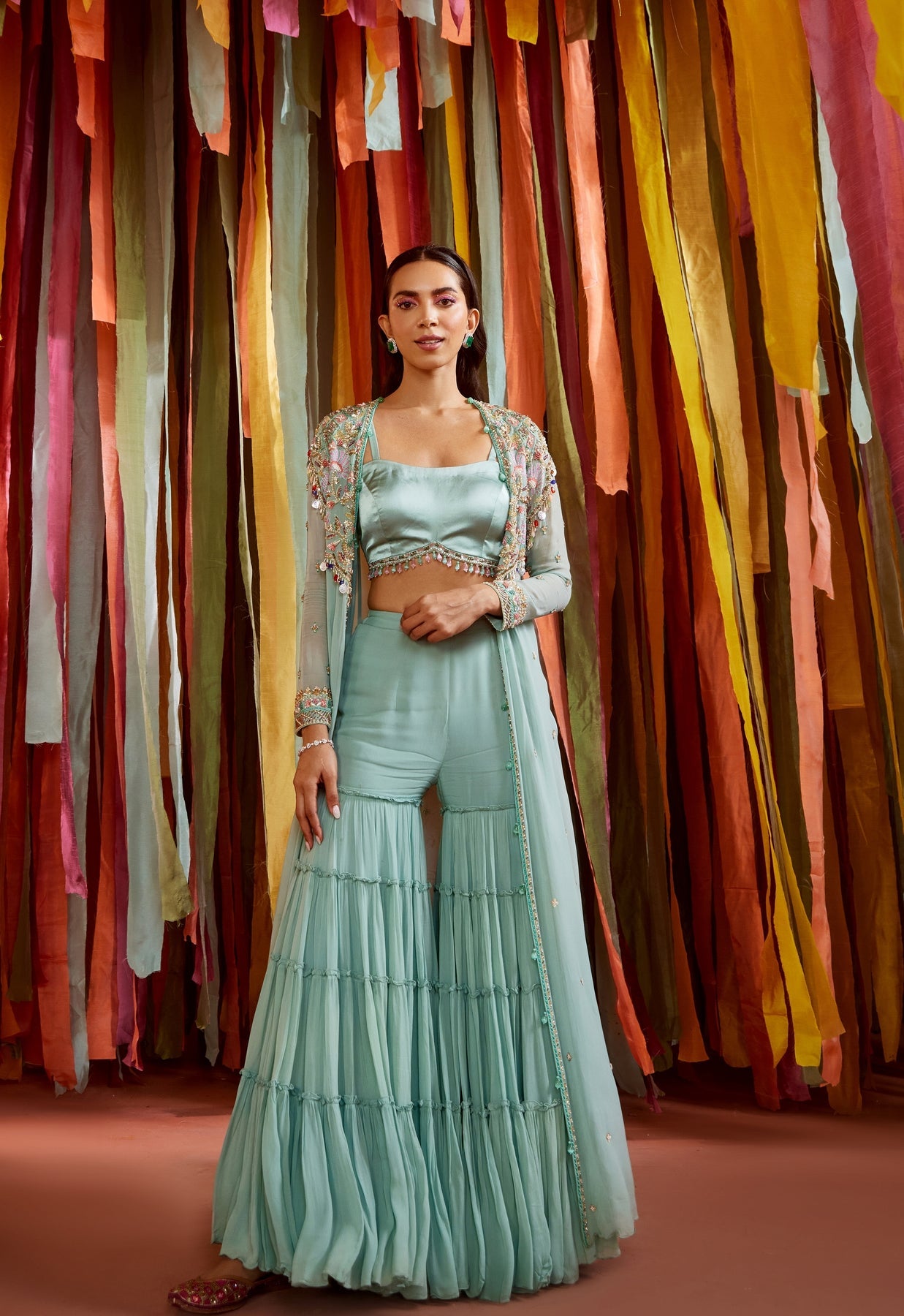 Mint Green Sharara & Cape Set - MARKET