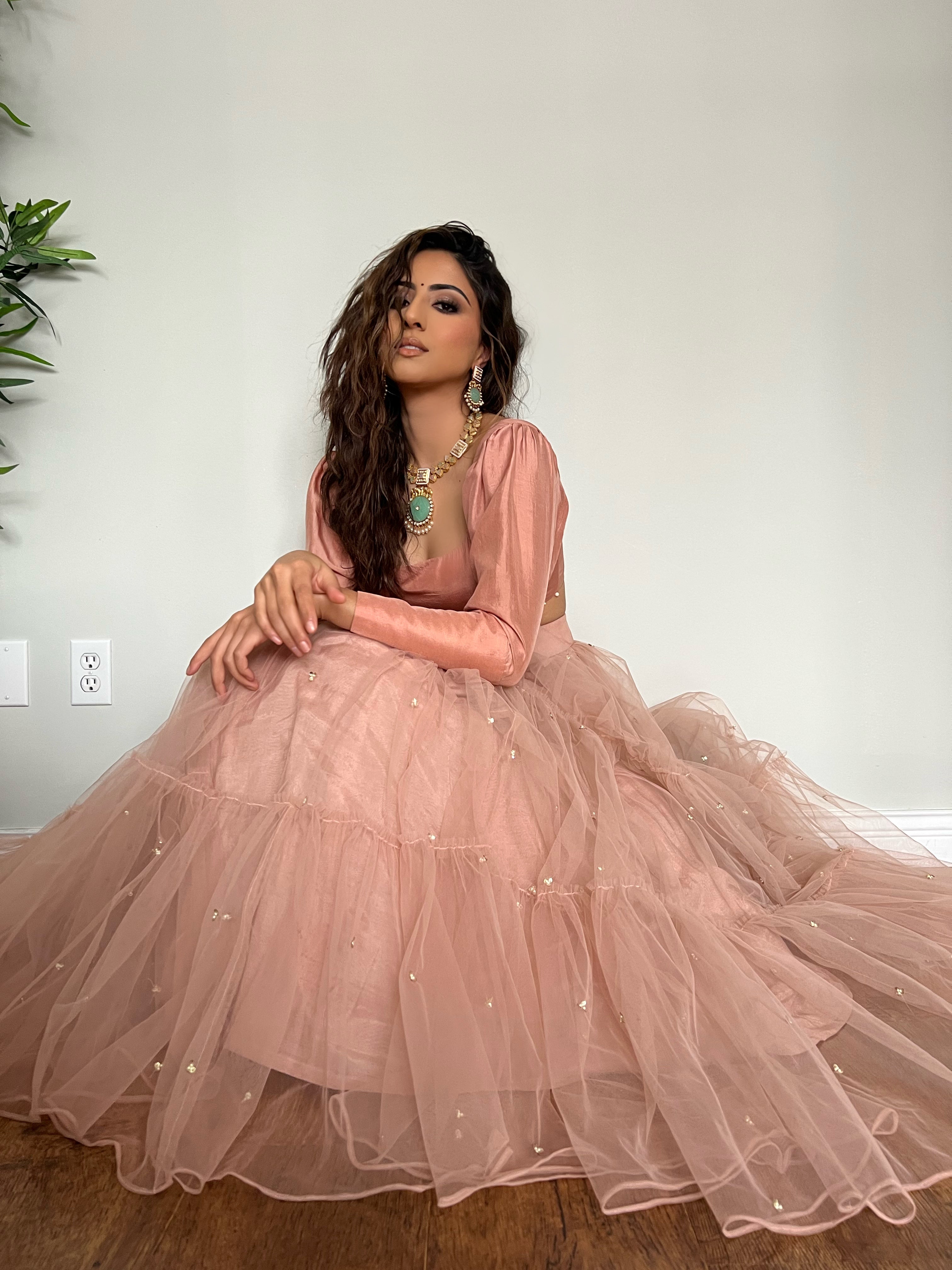 Dusty Pink Tiered Net Lehenga Ensemble - MARKET