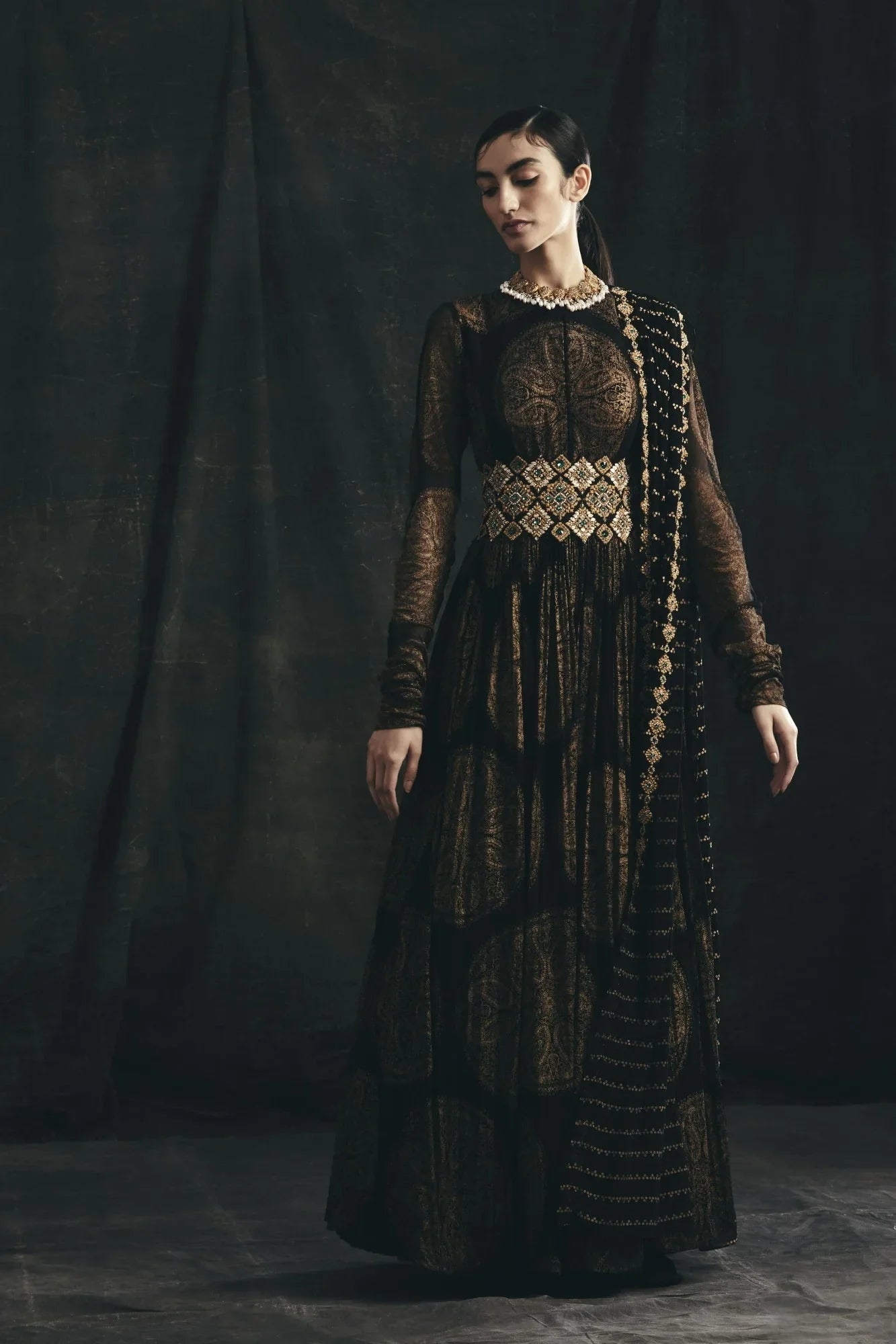 Black Ambi Circle Print Belted Anarkali - MARKET