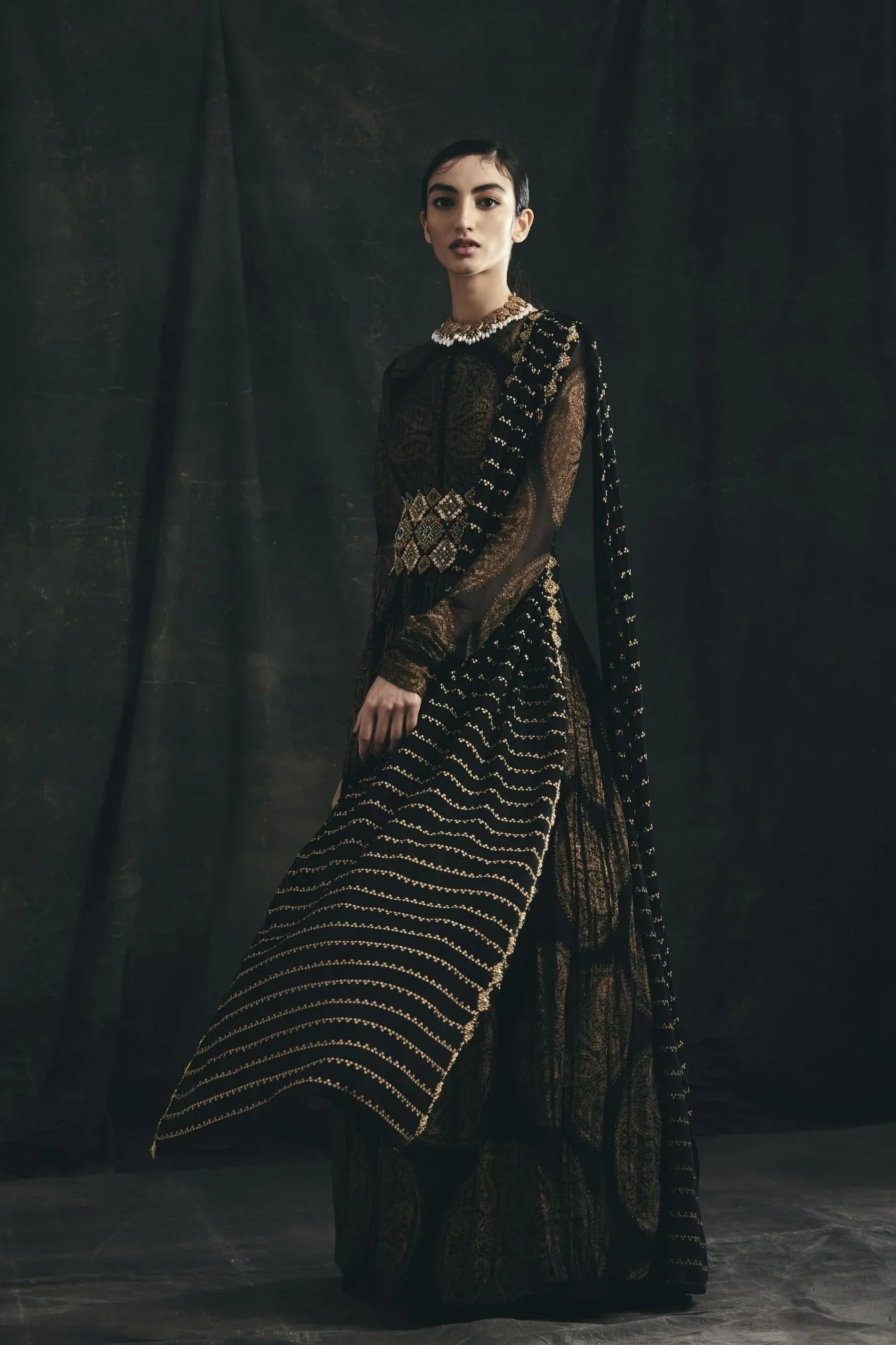 Black Ambi Circle Print Belted Anarkali - MARKET