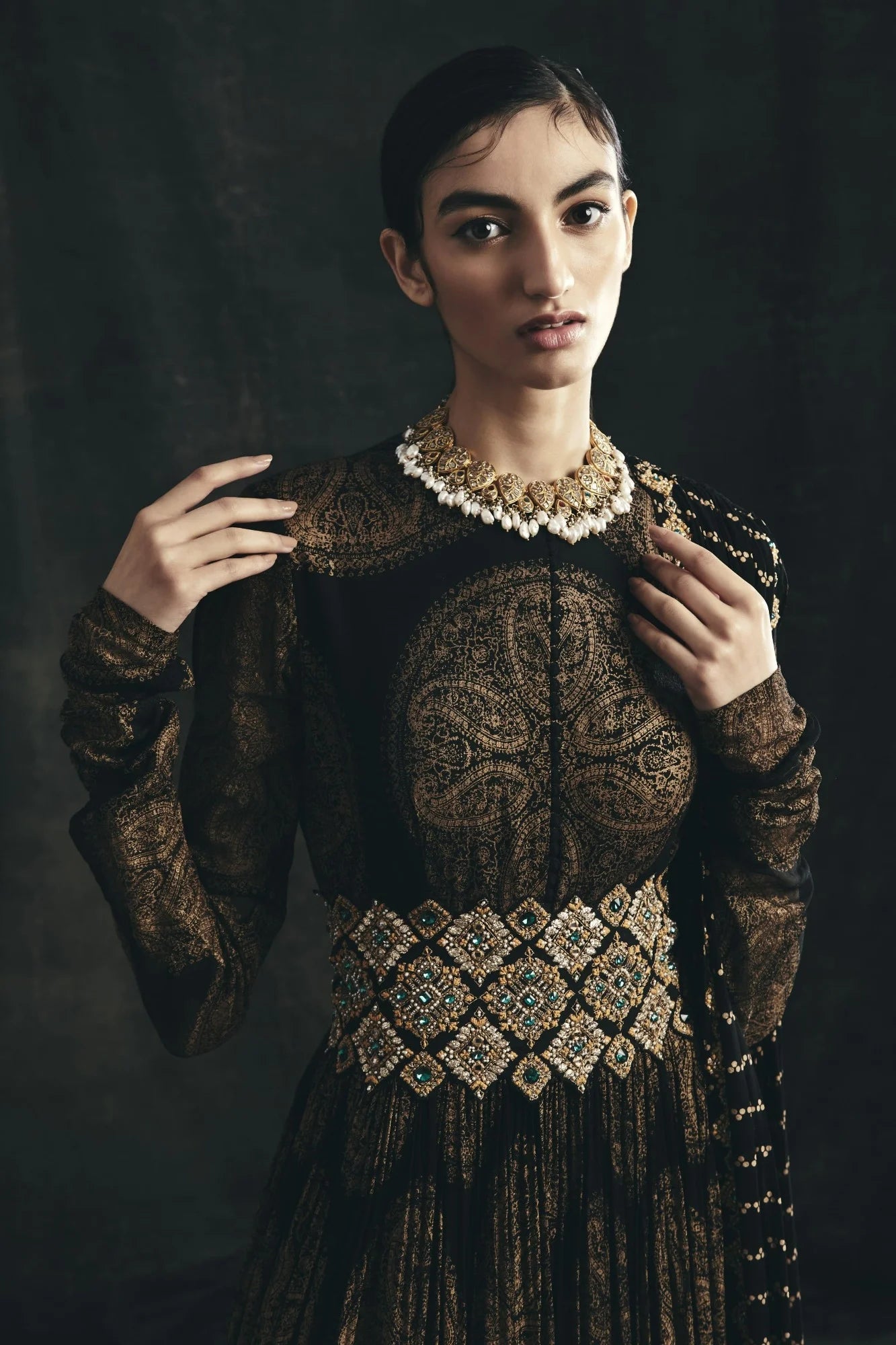 Black Ambi Circle Print Belted Anarkali | Ready to Ship - MARKET