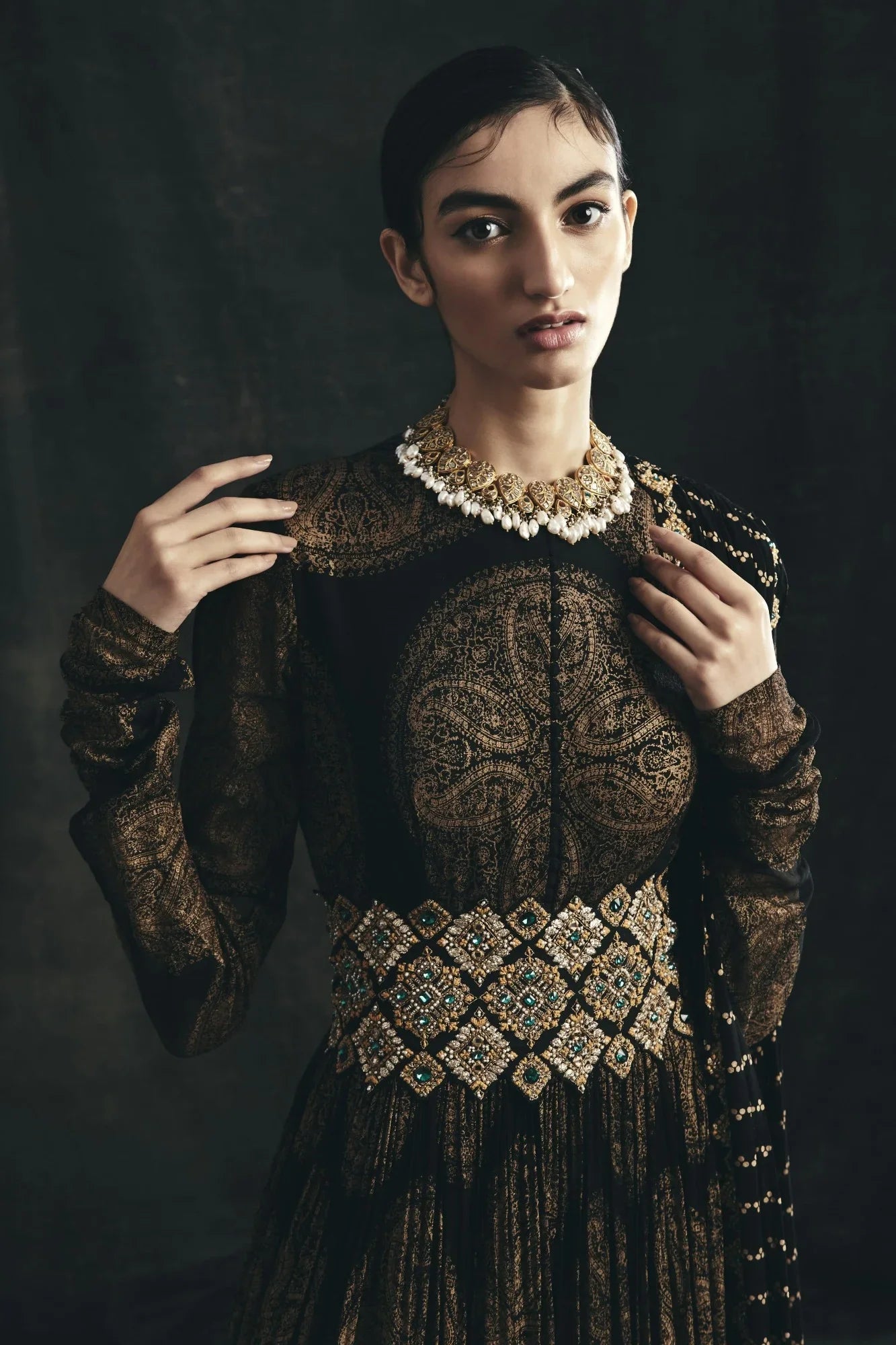 Black Ambi Circle Print Belted Anarkali - MARKET