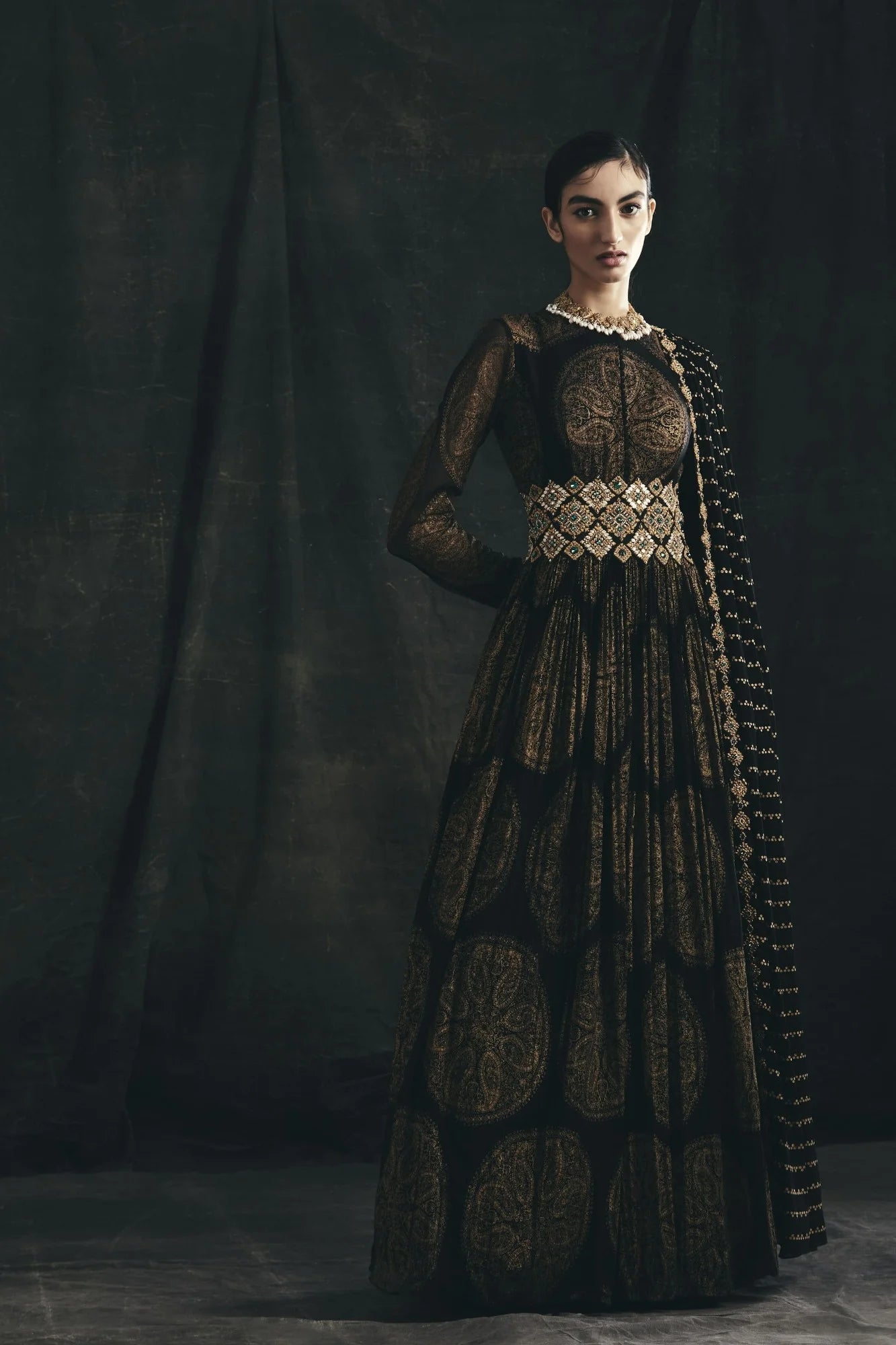 Black Ambi Circle Print Belted Anarkali | Ready to Ship - MARKET