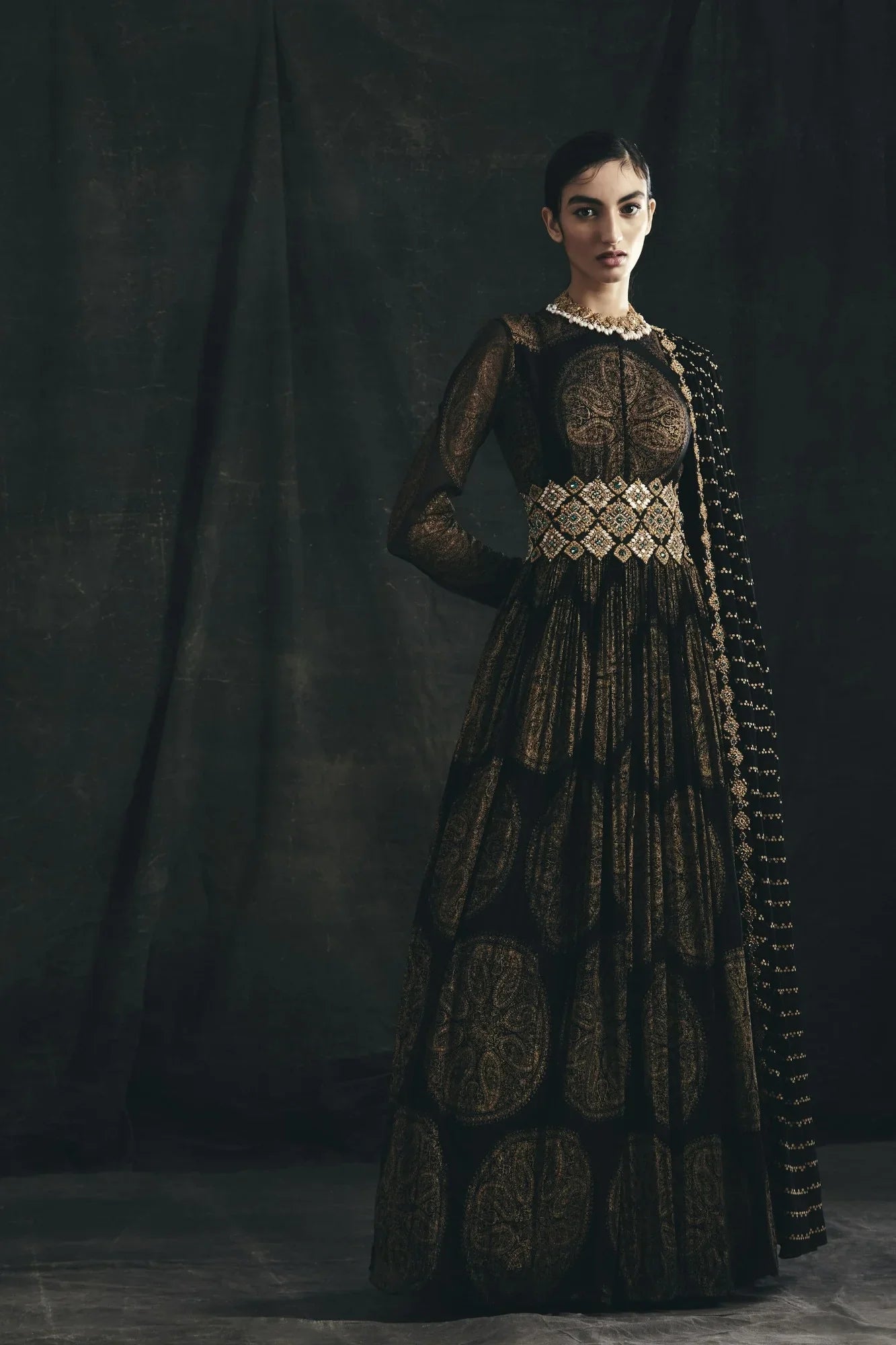 Black Ambi Circle Print Belted Anarkali - MARKET