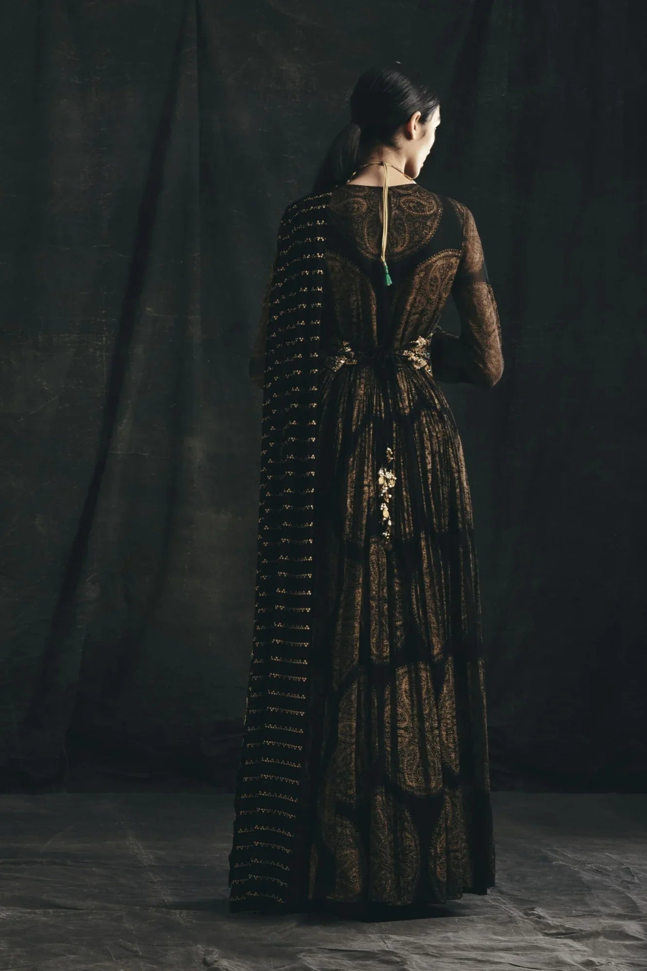 Black Ambi Circle Print Belted Anarkali - MARKET