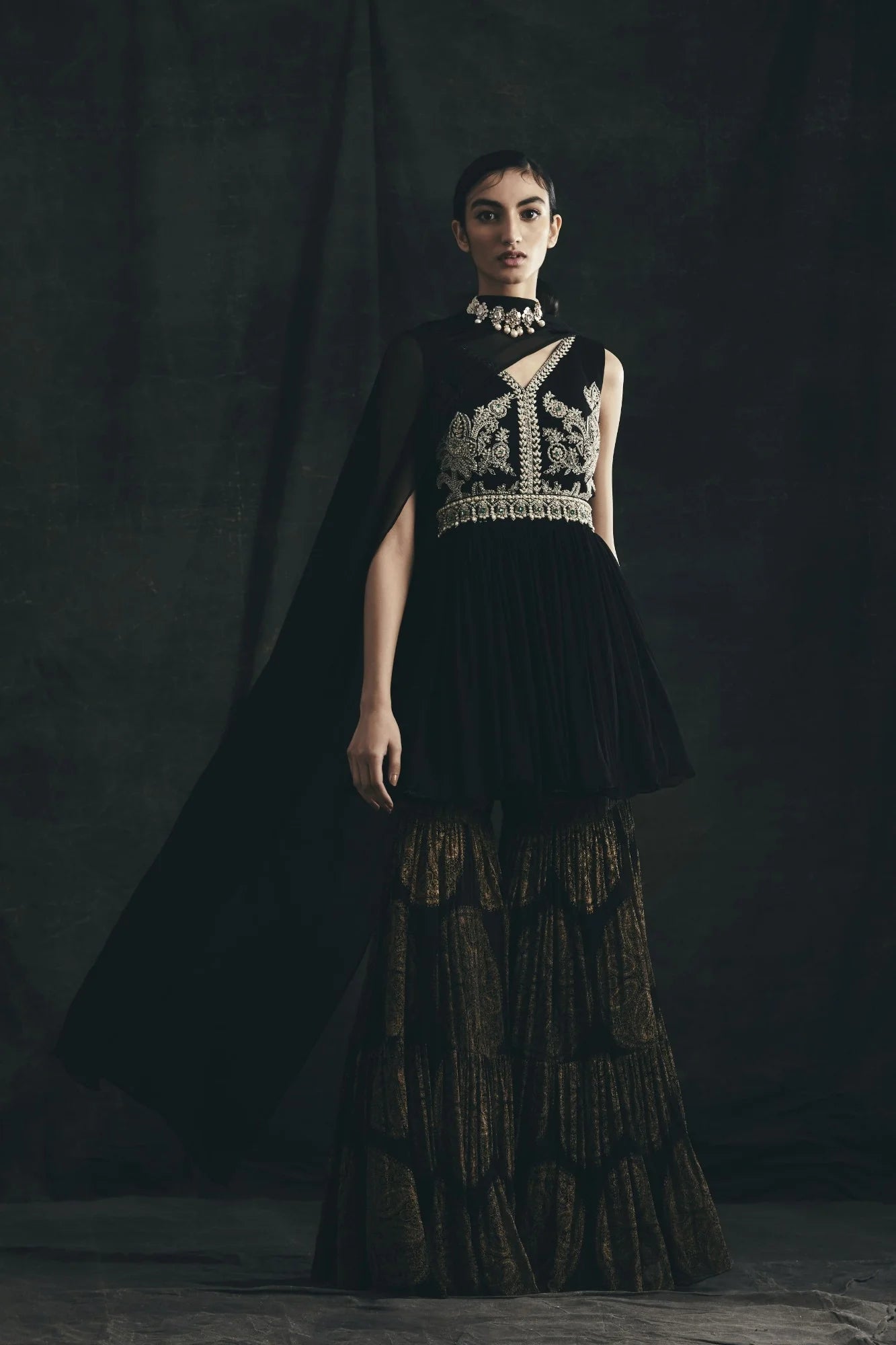 Black Embroidered Peplum & Sharara Set | Ready to Ship - MARKET