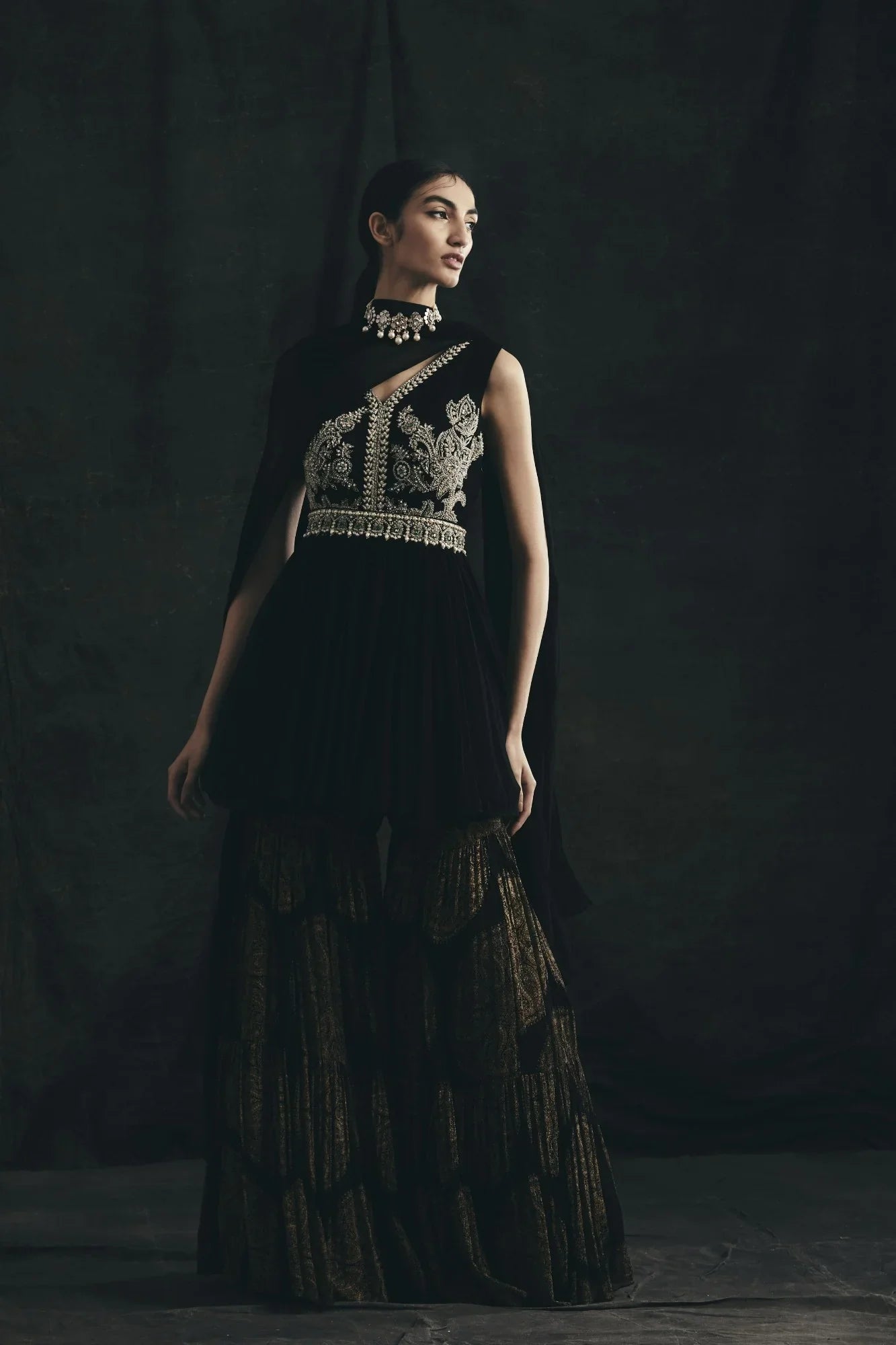 Black Embroidered Peplum & Sharara Set - MARKET