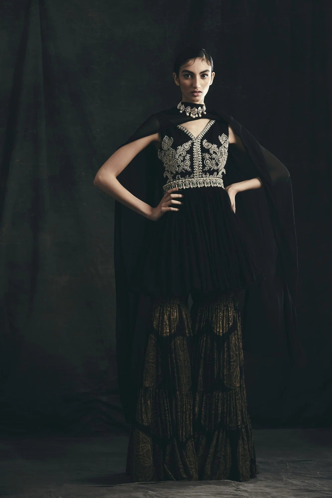 Black Embroidered Peplum & Sharara Set | Ready to Ship - MARKET