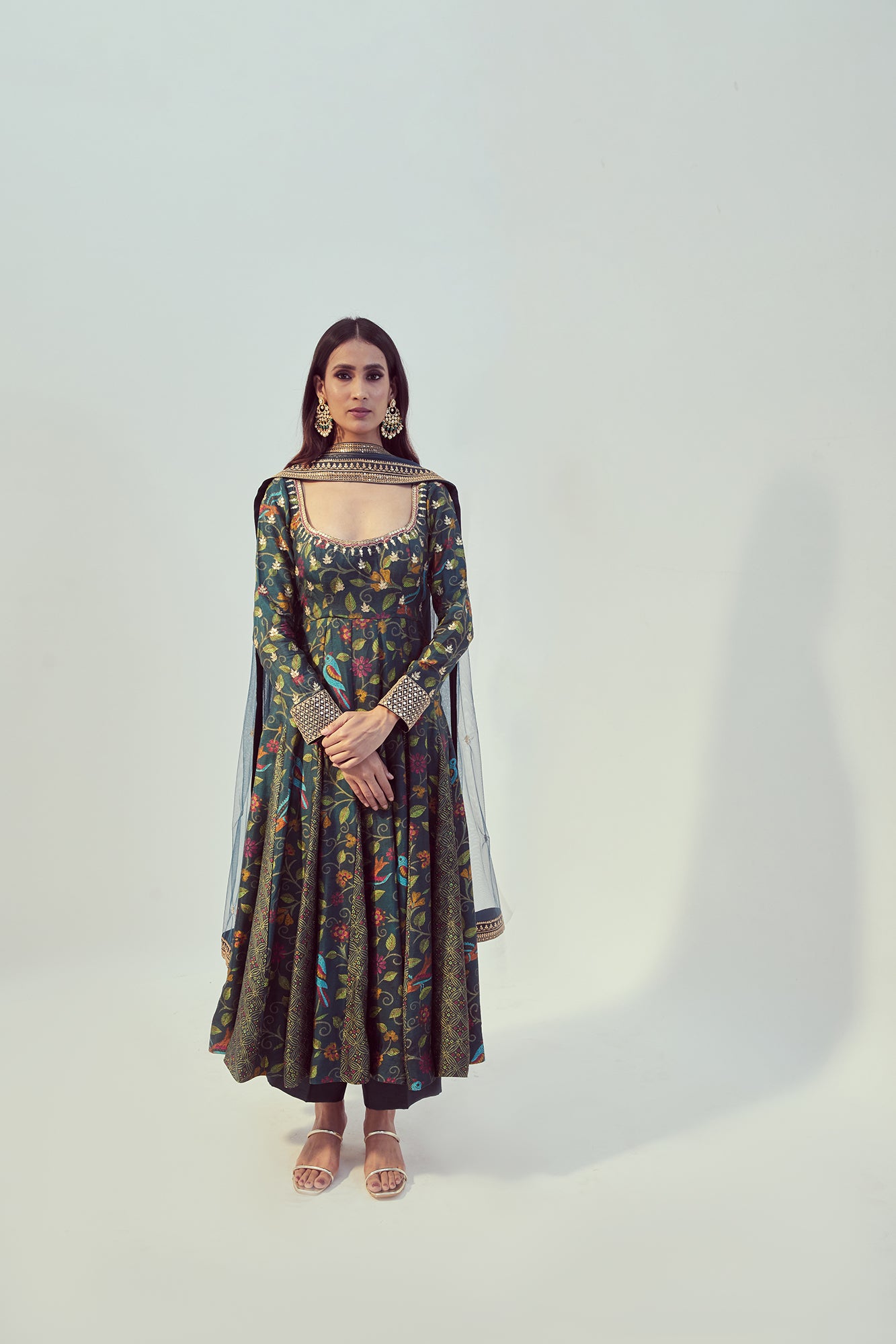 Olive Printed & Hand Embroidered Anarkali Set - MARKET