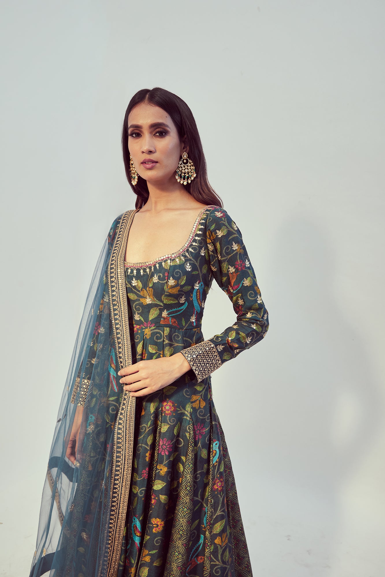 Olive Printed & Hand Embroidered Anarkali Set - MARKET