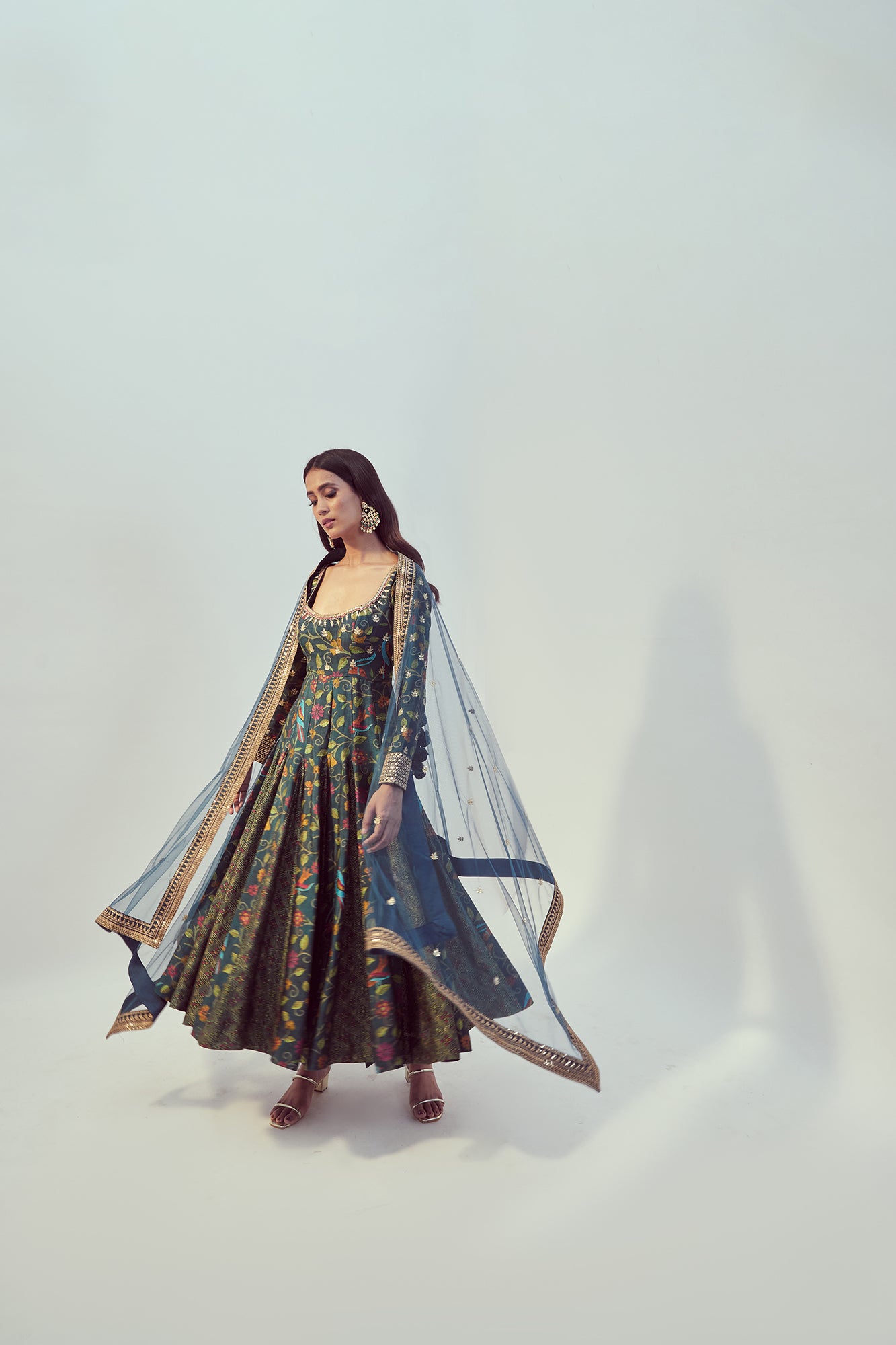 Olive Printed & Hand Embroidered Anarkali Set - MARKET