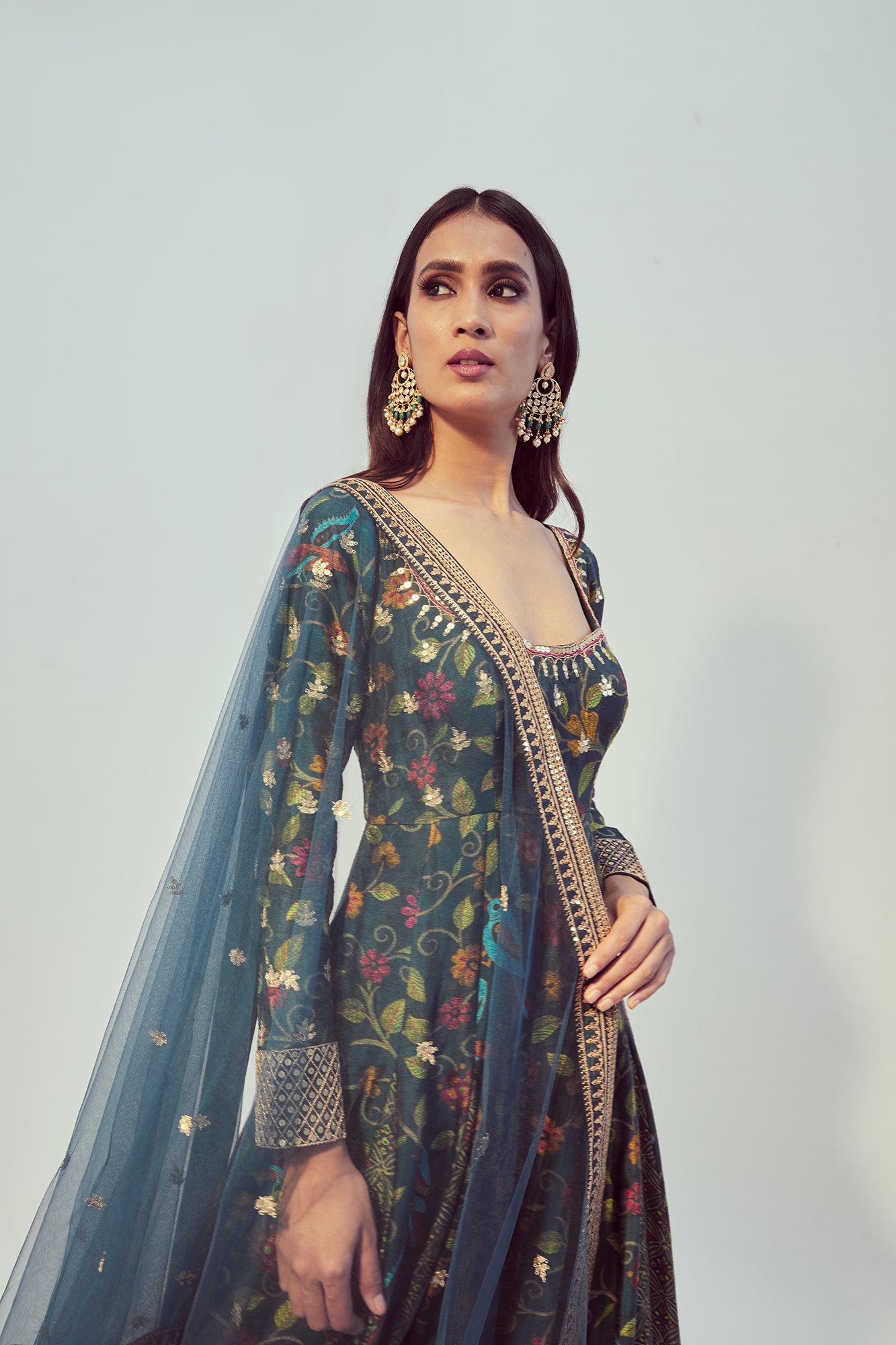 Olive Printed & Hand Embroidered Anarkali Set - MARKET