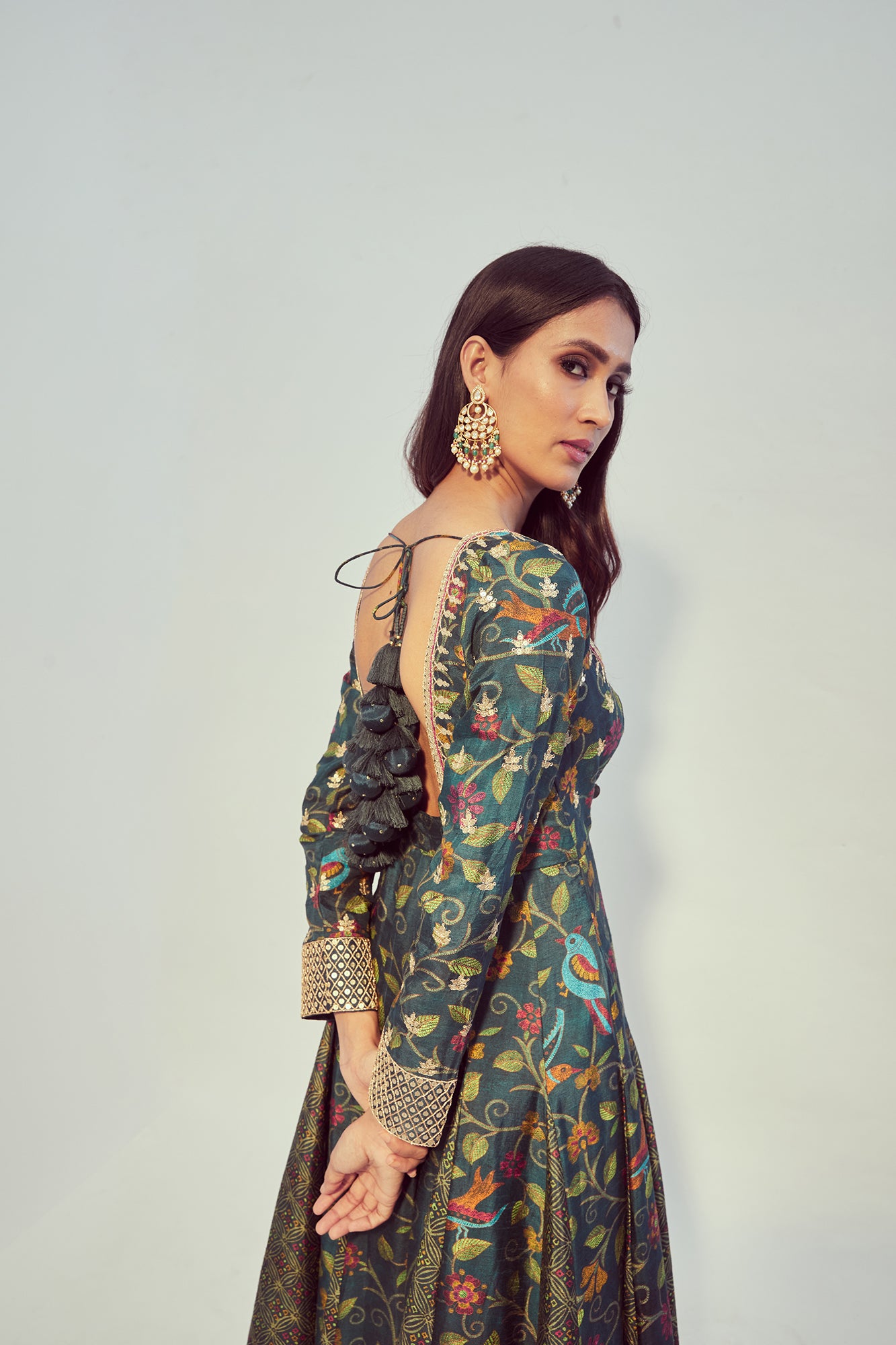 Olive Printed & Hand Embroidered Anarkali Set - MARKET