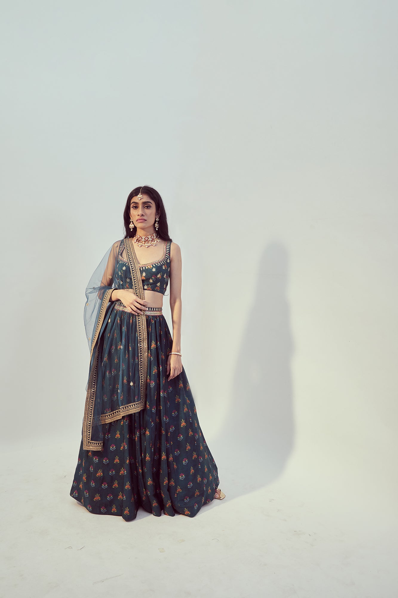Teal Printed & Hand Embroidered Lehenga Set - MARKET