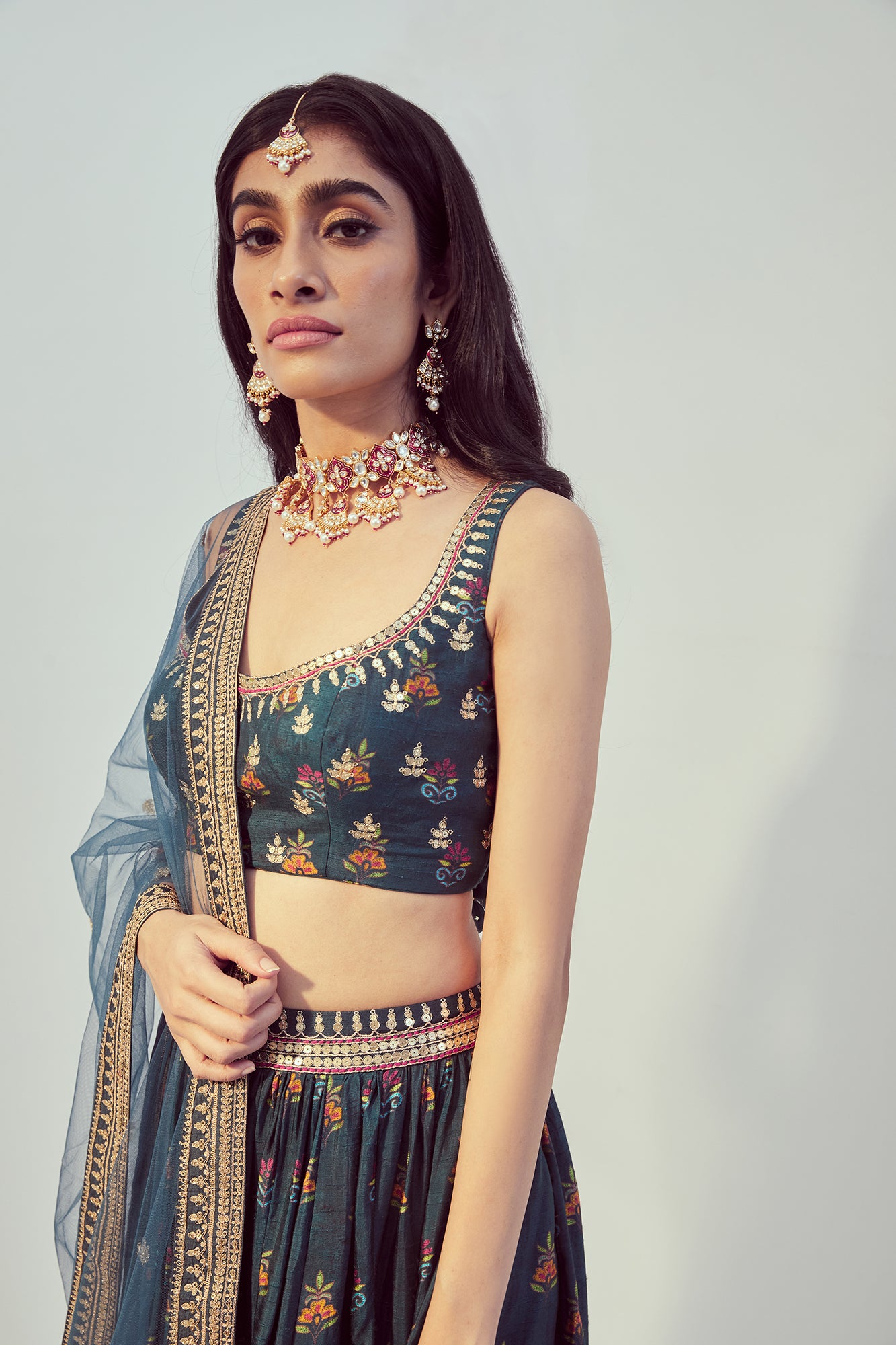 Teal Printed & Hand Embroidered Lehenga Set - MARKET