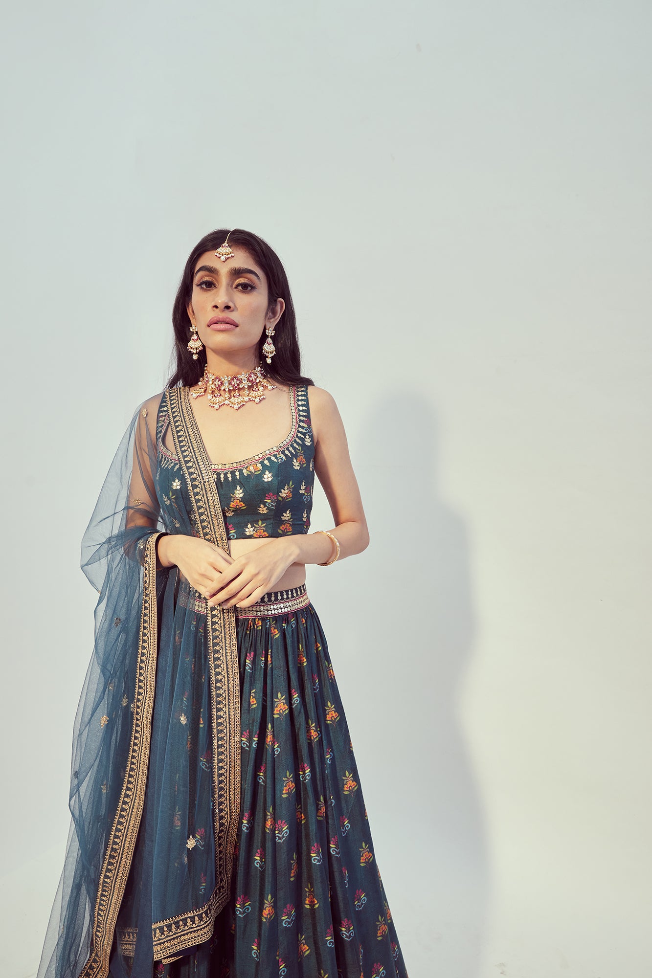 Teal Printed & Hand Embroidered Lehenga Set - MARKET