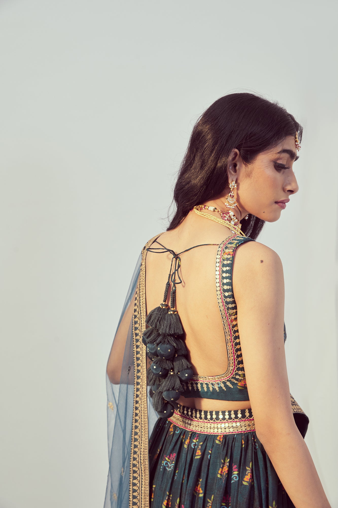 Teal Printed & Hand Embroidered Lehenga Set - MARKET