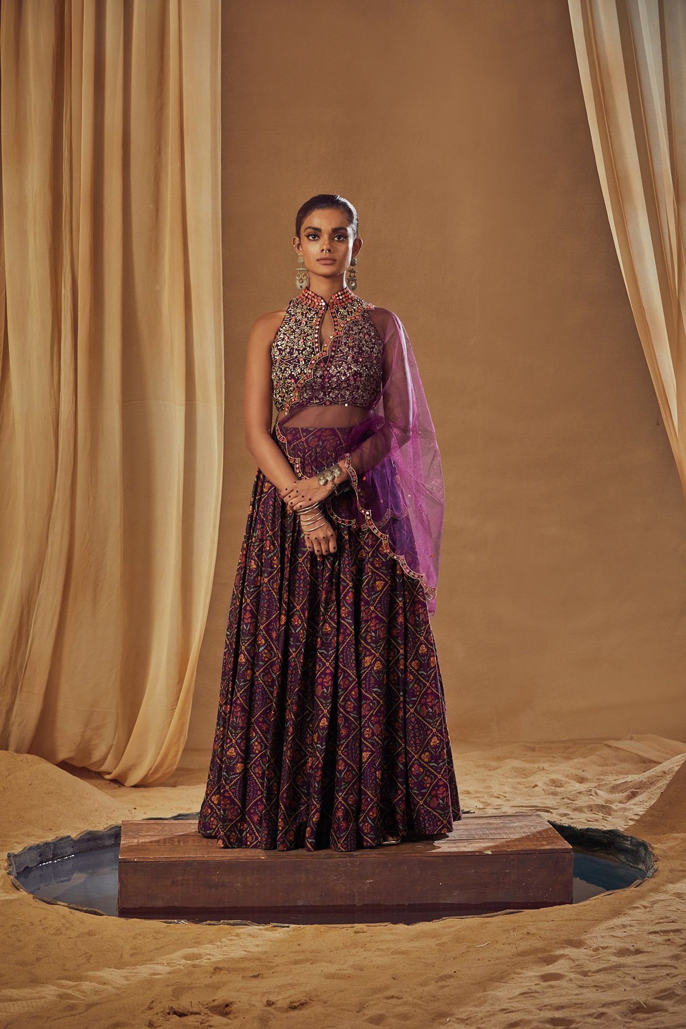 Purple Dupion Silk Gathered Lehenga Set - MARKET