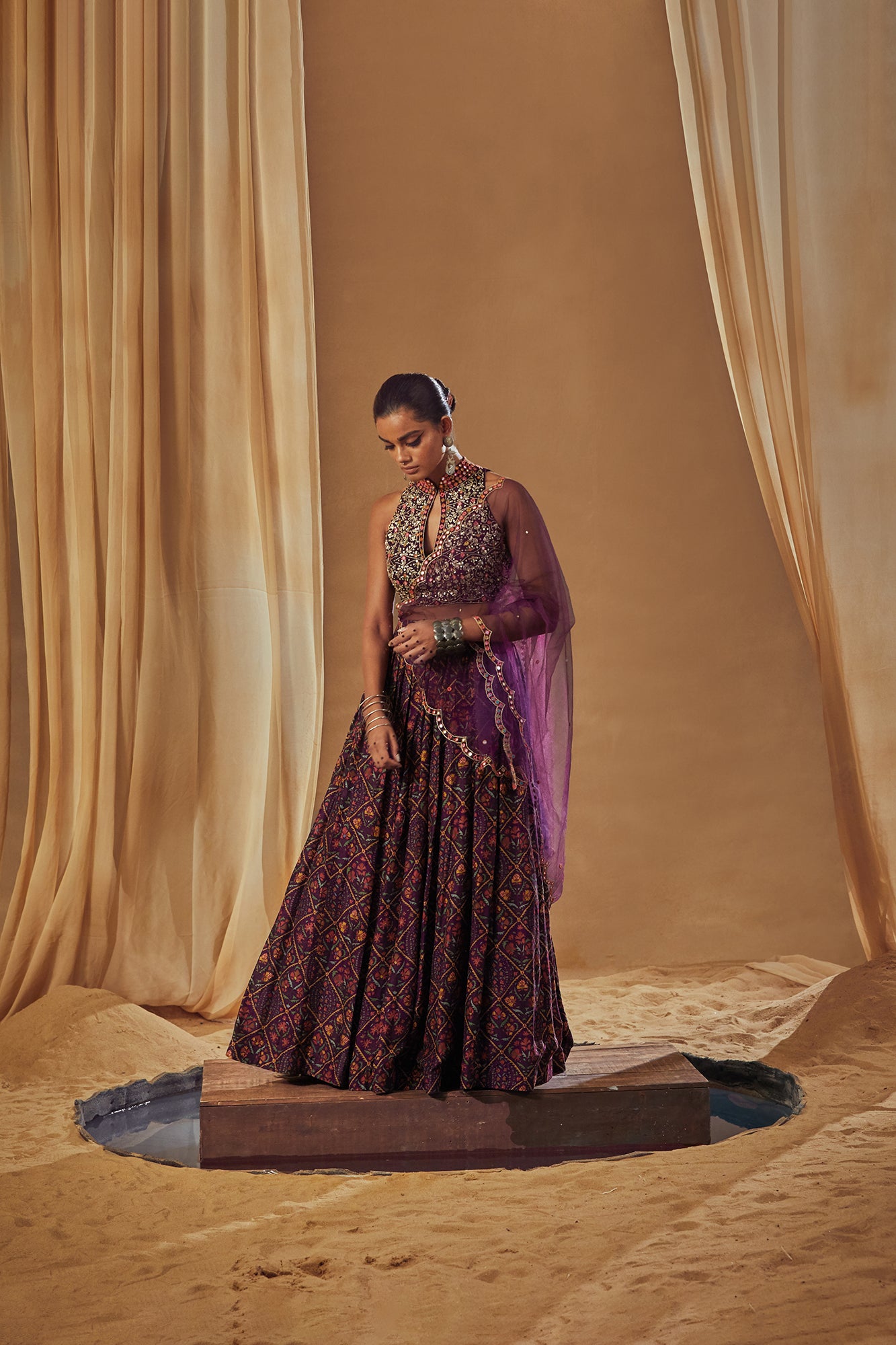 Purple Dupion Silk Gathered Lehenga Set - MARKET