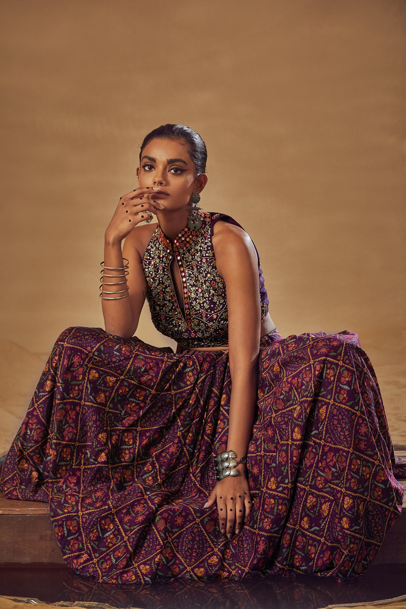 Purple Dupion Silk Gathered Lehenga Set - MARKET