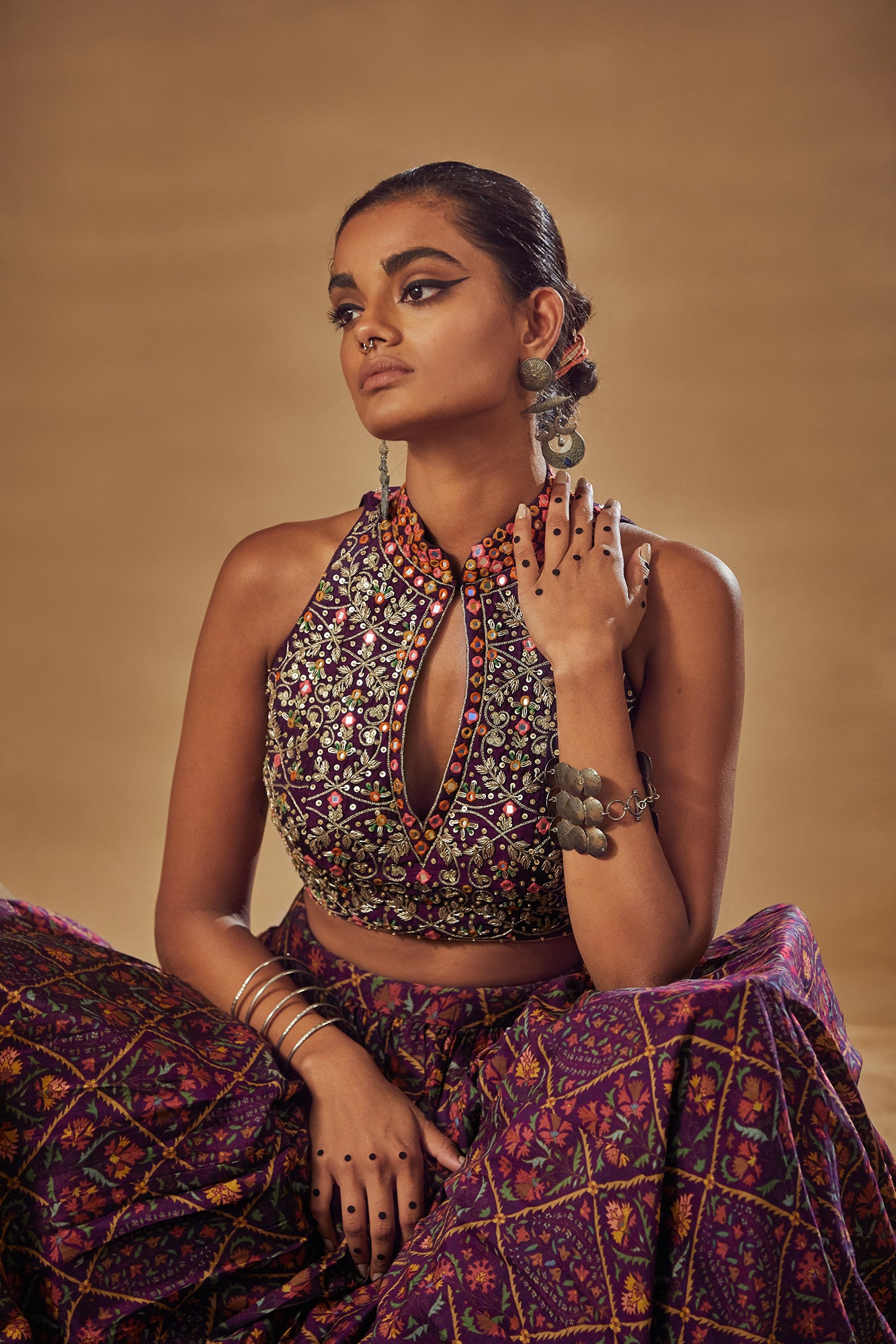 Purple Dupion Silk Gathered Lehenga Set - MARKET