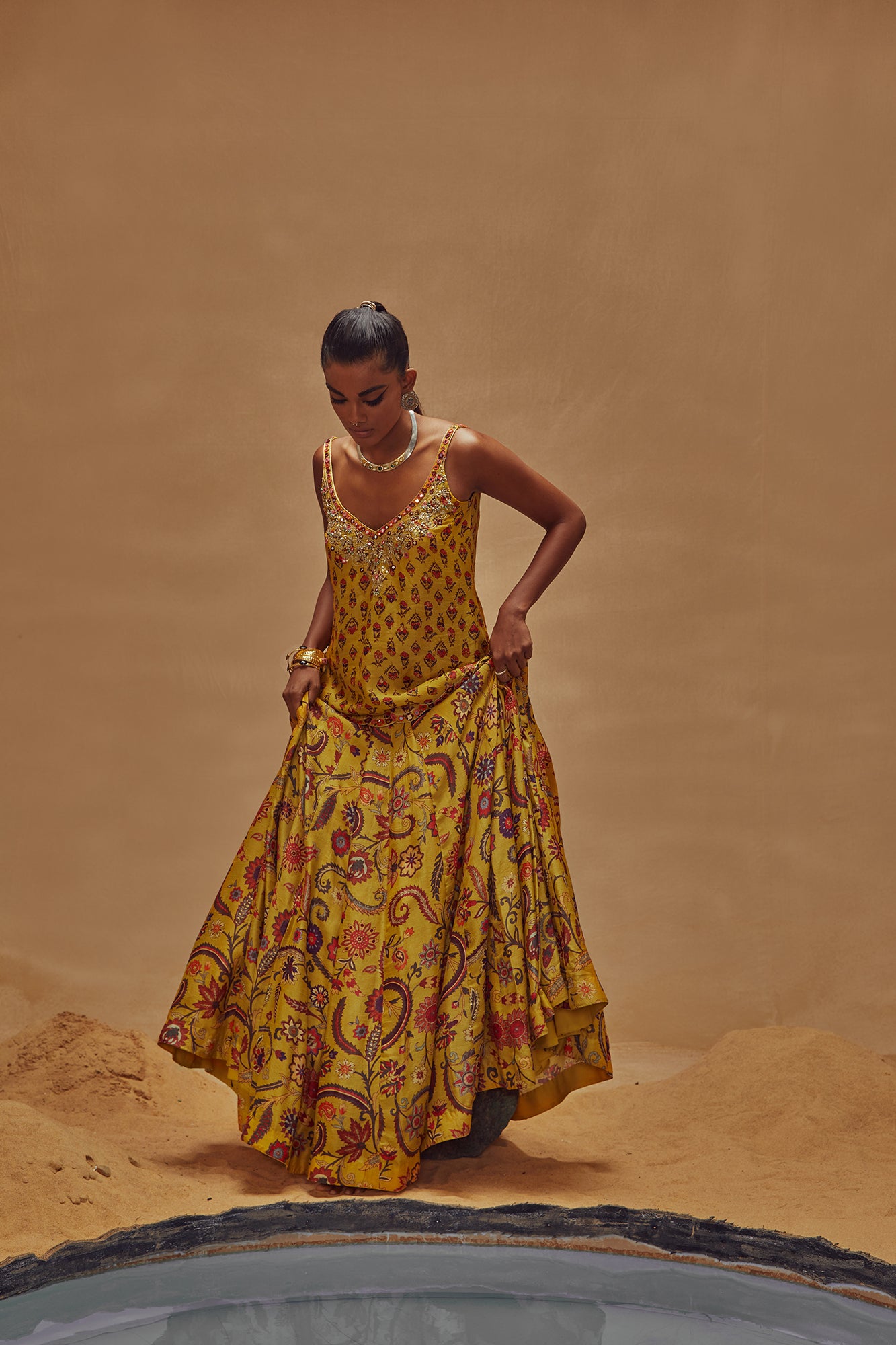 Yellow Floral Printed Kalidar Skirt Set - MARKET