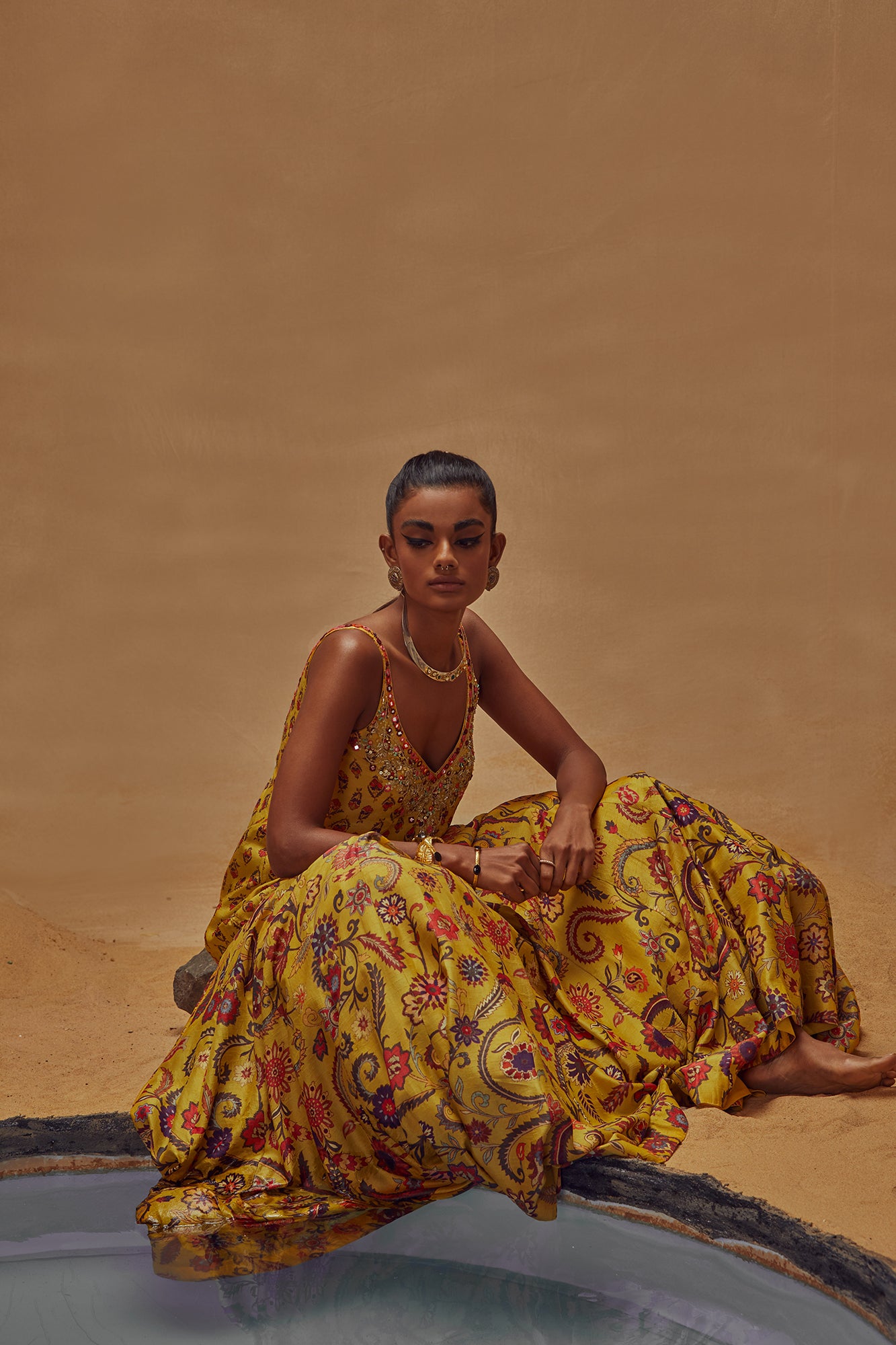 Yellow Floral Printed Kalidar Skirt Set - MARKET