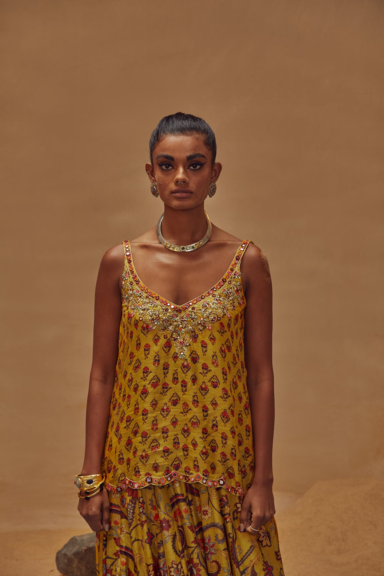 Yellow Floral Printed Kalidar Skirt Set - MARKET