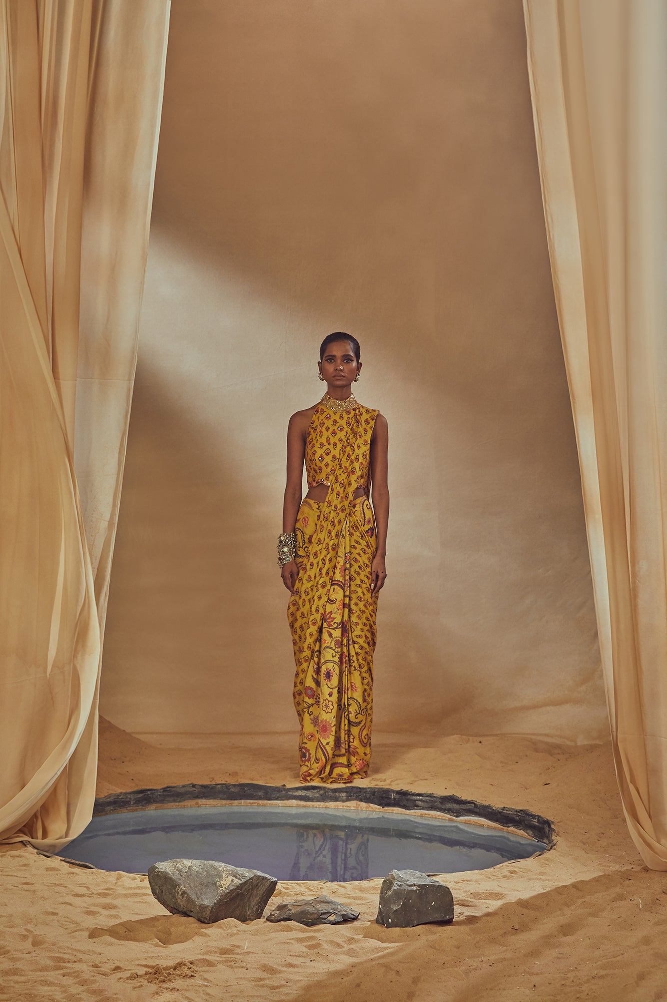 Yellow Printed Pre Stitched Saree - MARKET