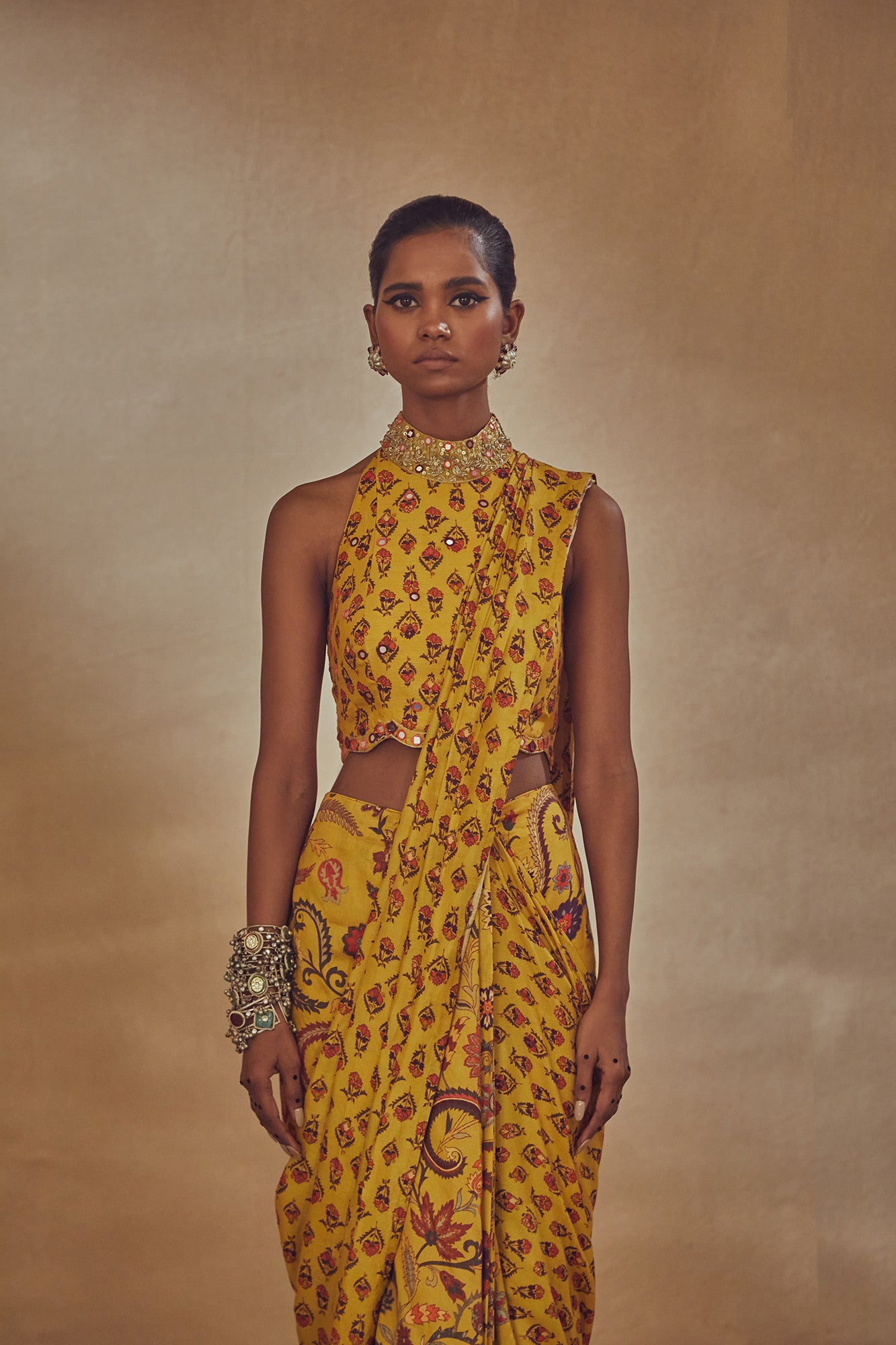 Yellow Printed Pre Stitched Saree - MARKET