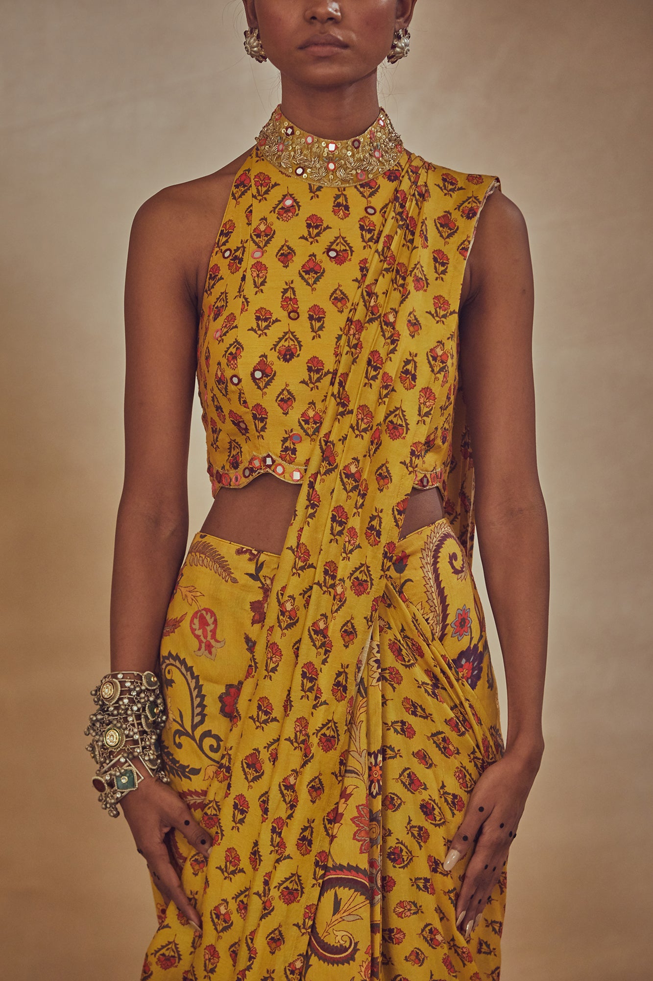 Yellow Printed Pre Stitched Saree - MARKET