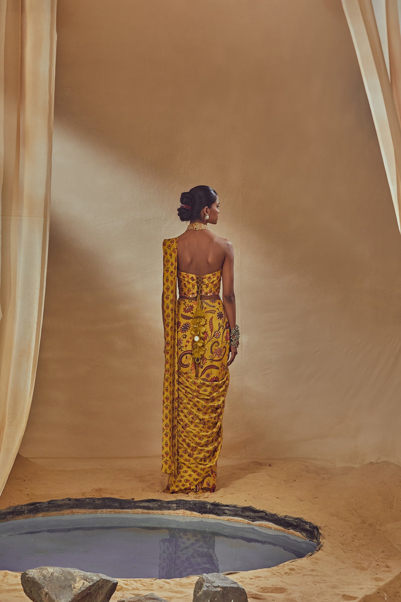 Yellow Printed Pre Stitched Saree - MARKET