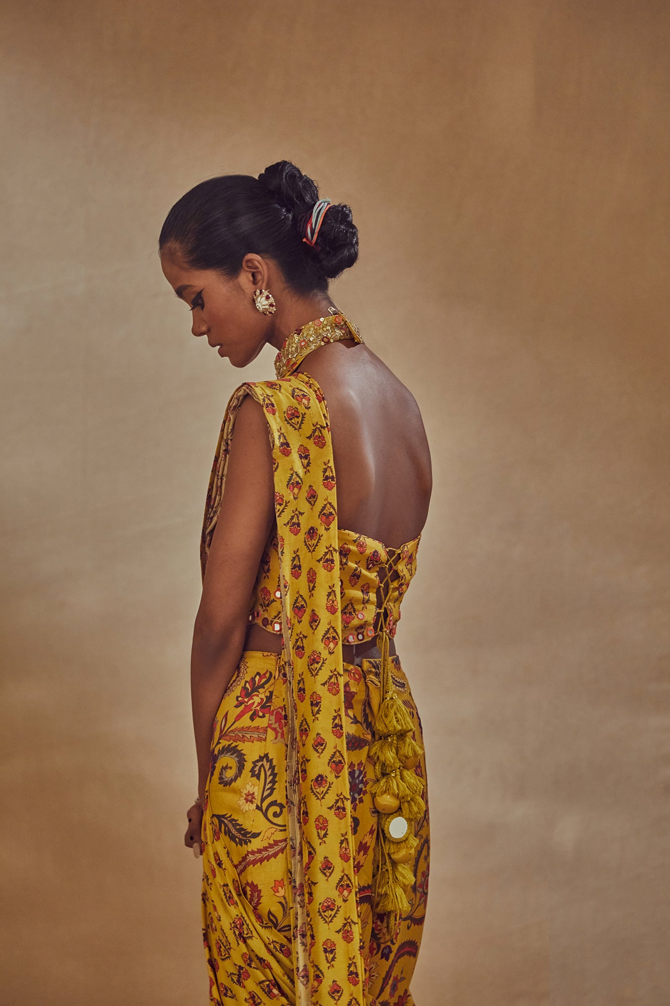 Yellow Printed Pre Stitched Saree - MARKET