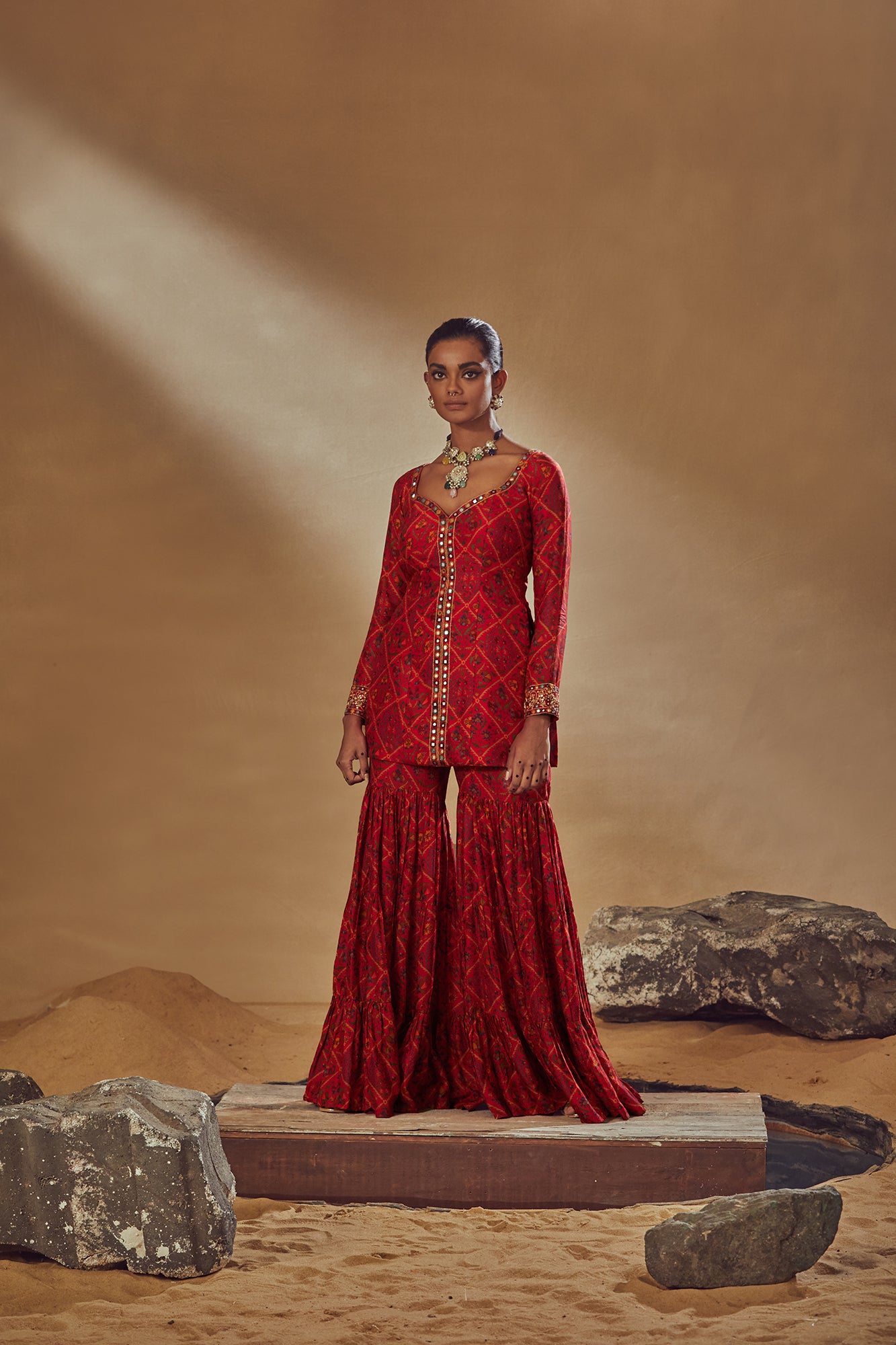 Red Dupion Silk Printed Sharara Set - MARKET