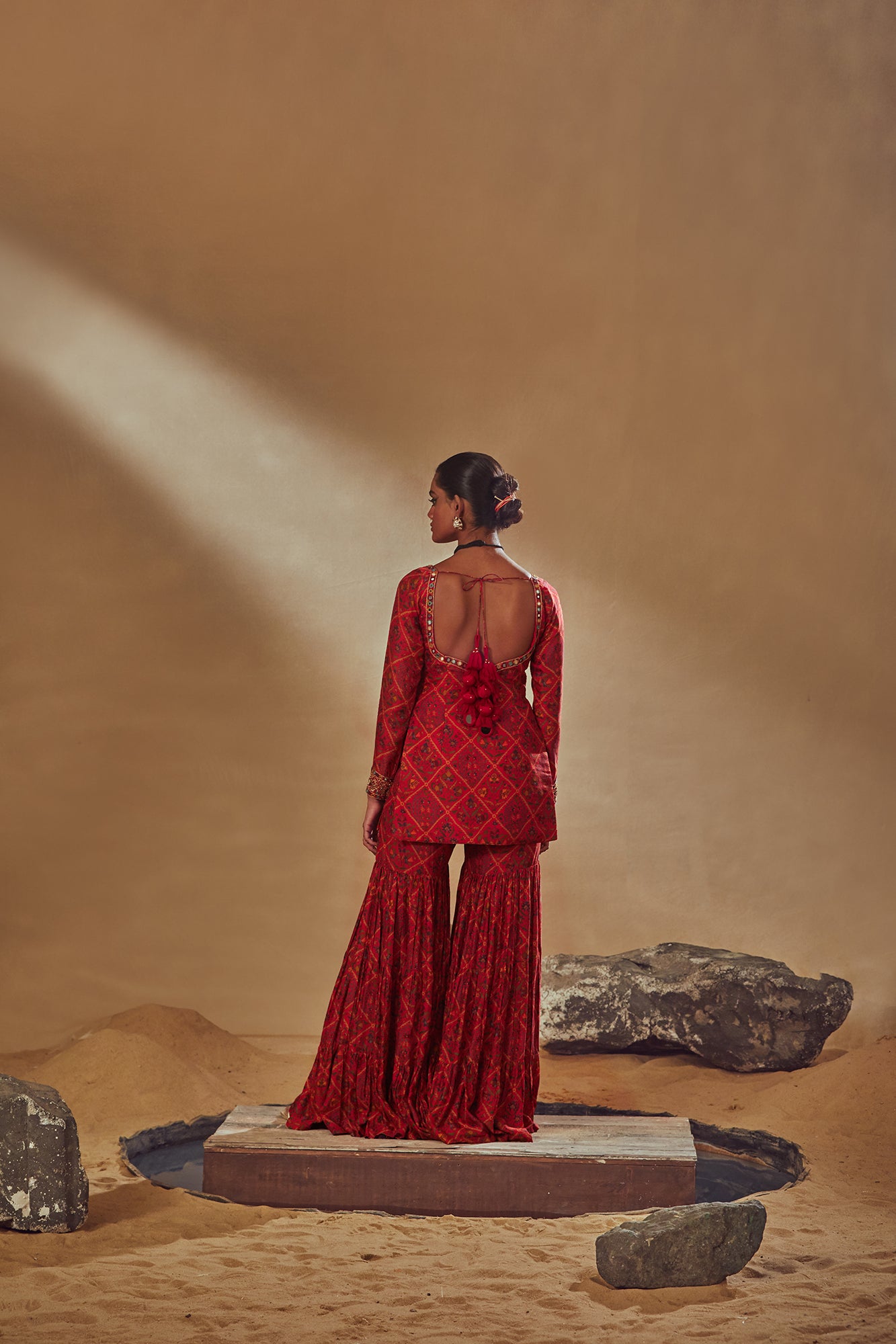 Red Dupion Silk Printed Sharara Set - MARKET