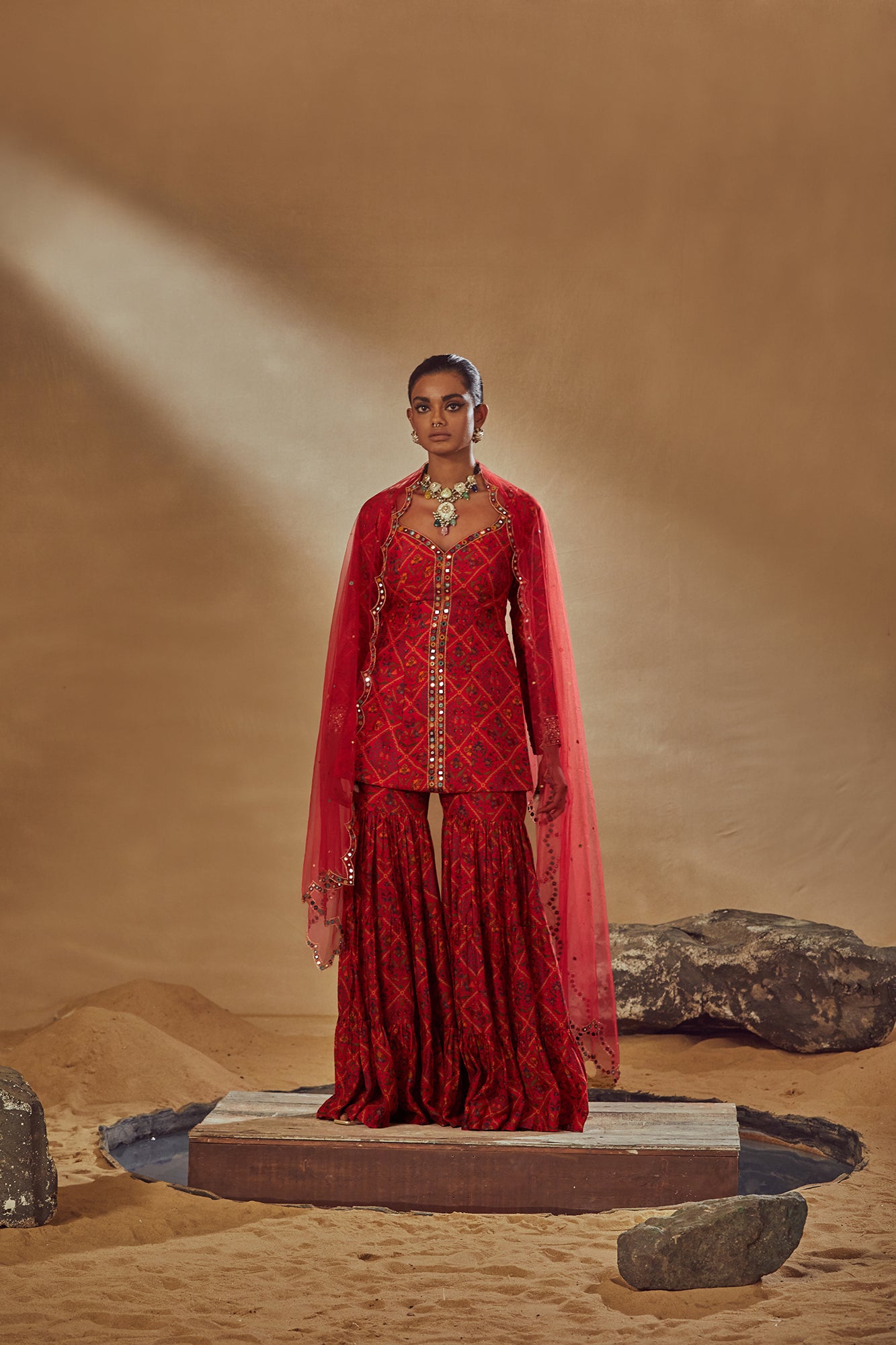 Red Dupion Silk Printed Sharara Set - MARKET