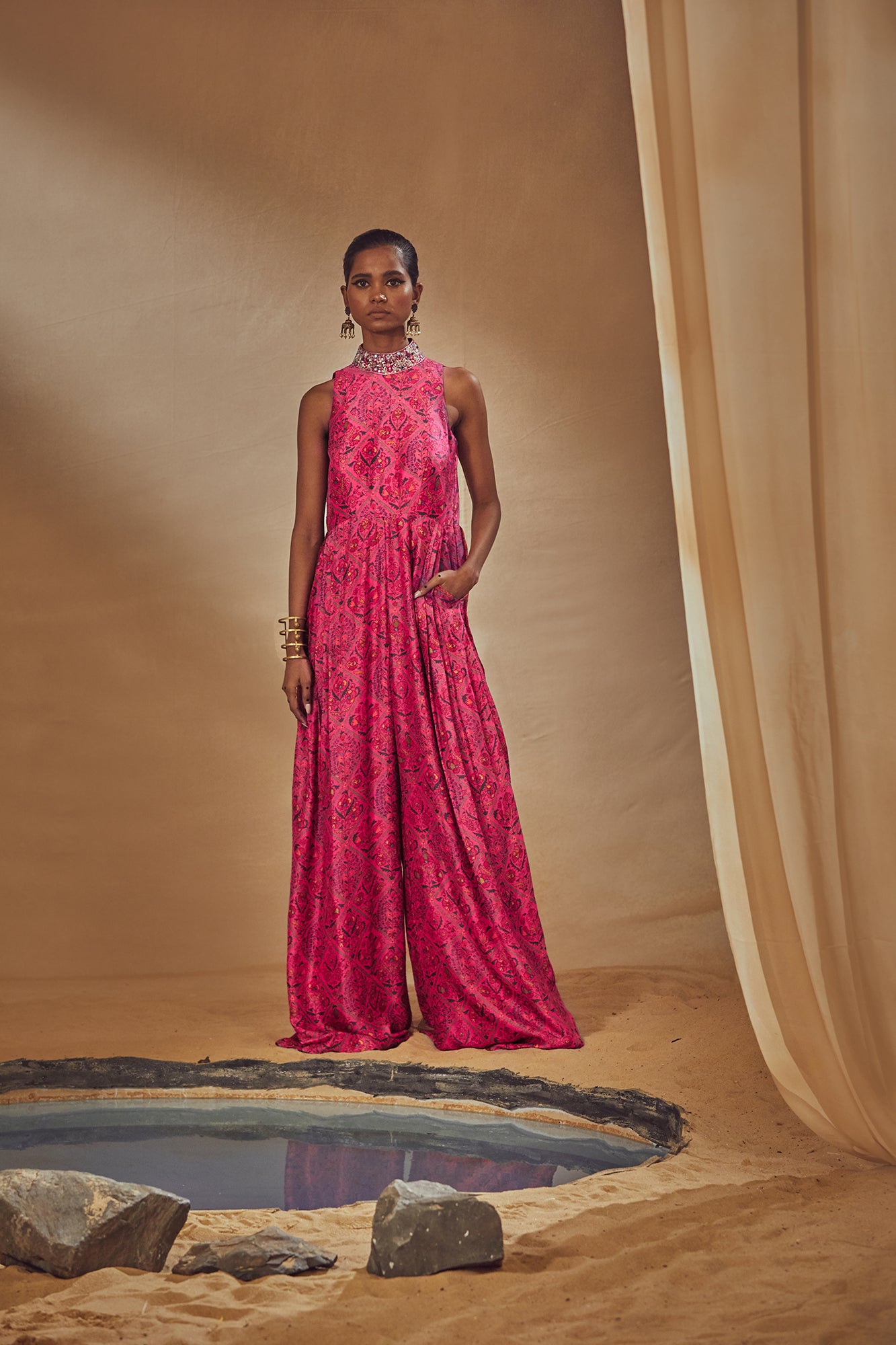 Fuchsia Embroidered Pleated Jumpsuit - MARKET