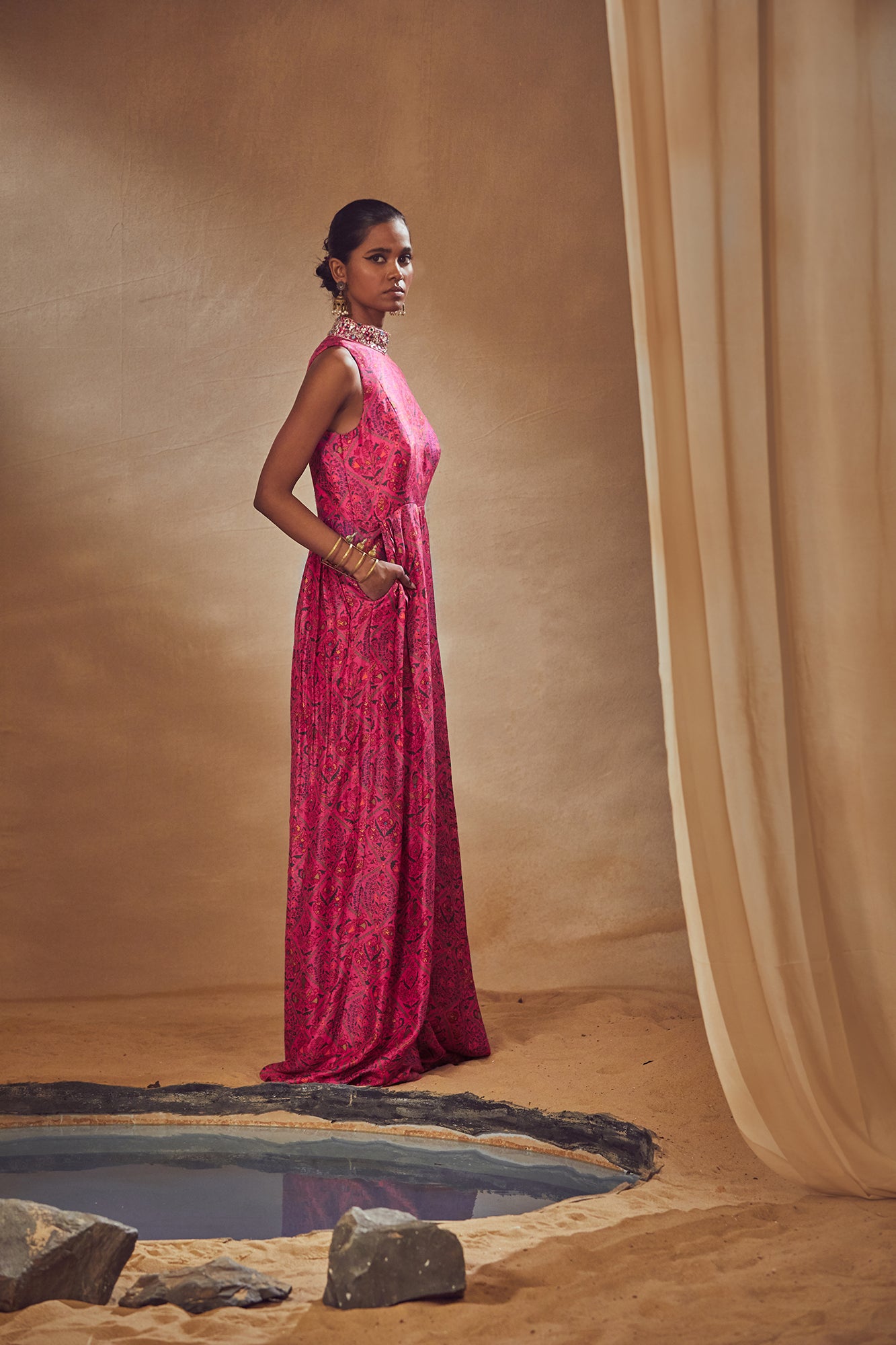 Fuchsia Embroidered Pleated Jumpsuit - MARKET