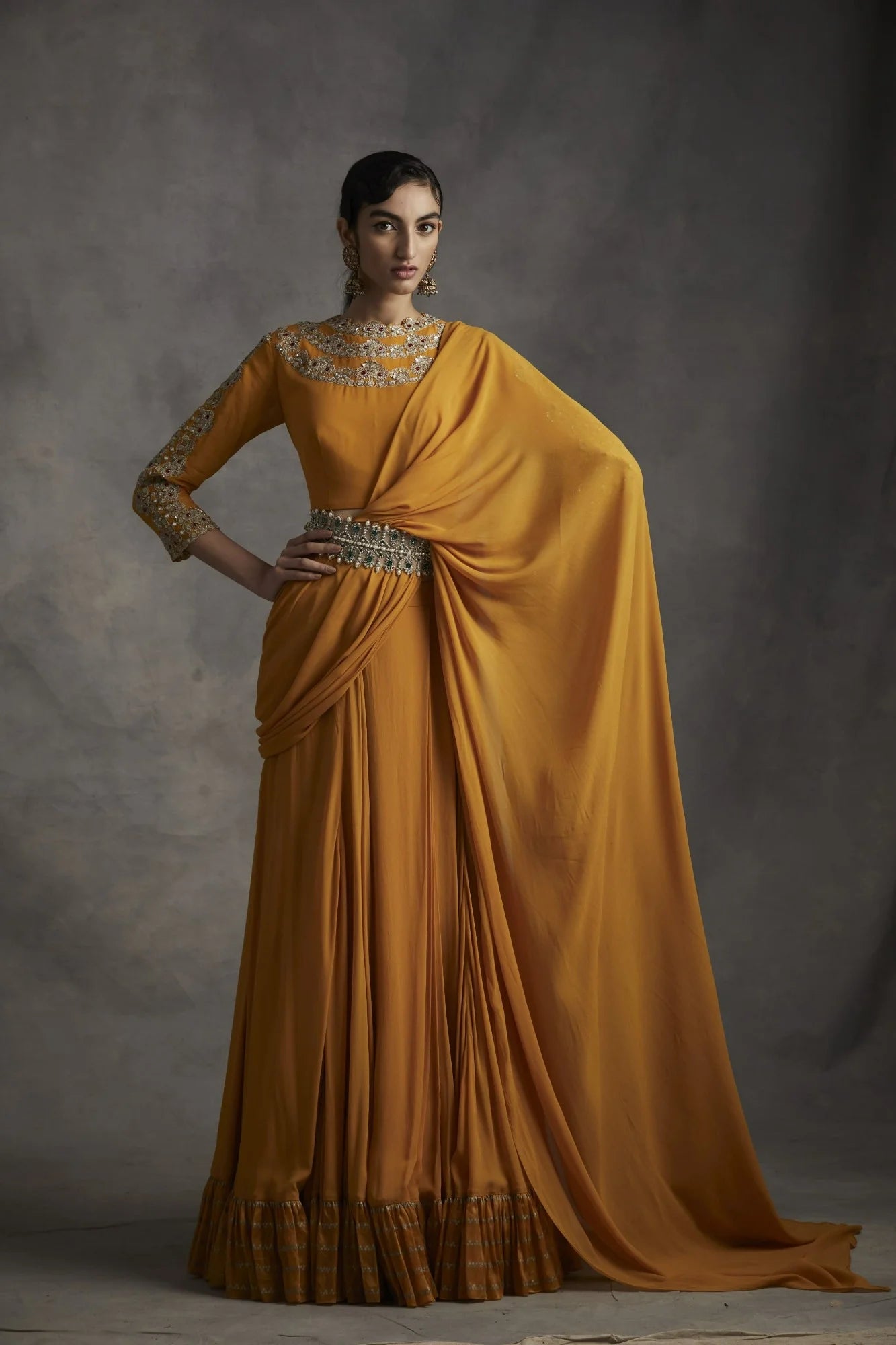 Haldi Pleated Saree With Belt | Ready to Ship - MARKET