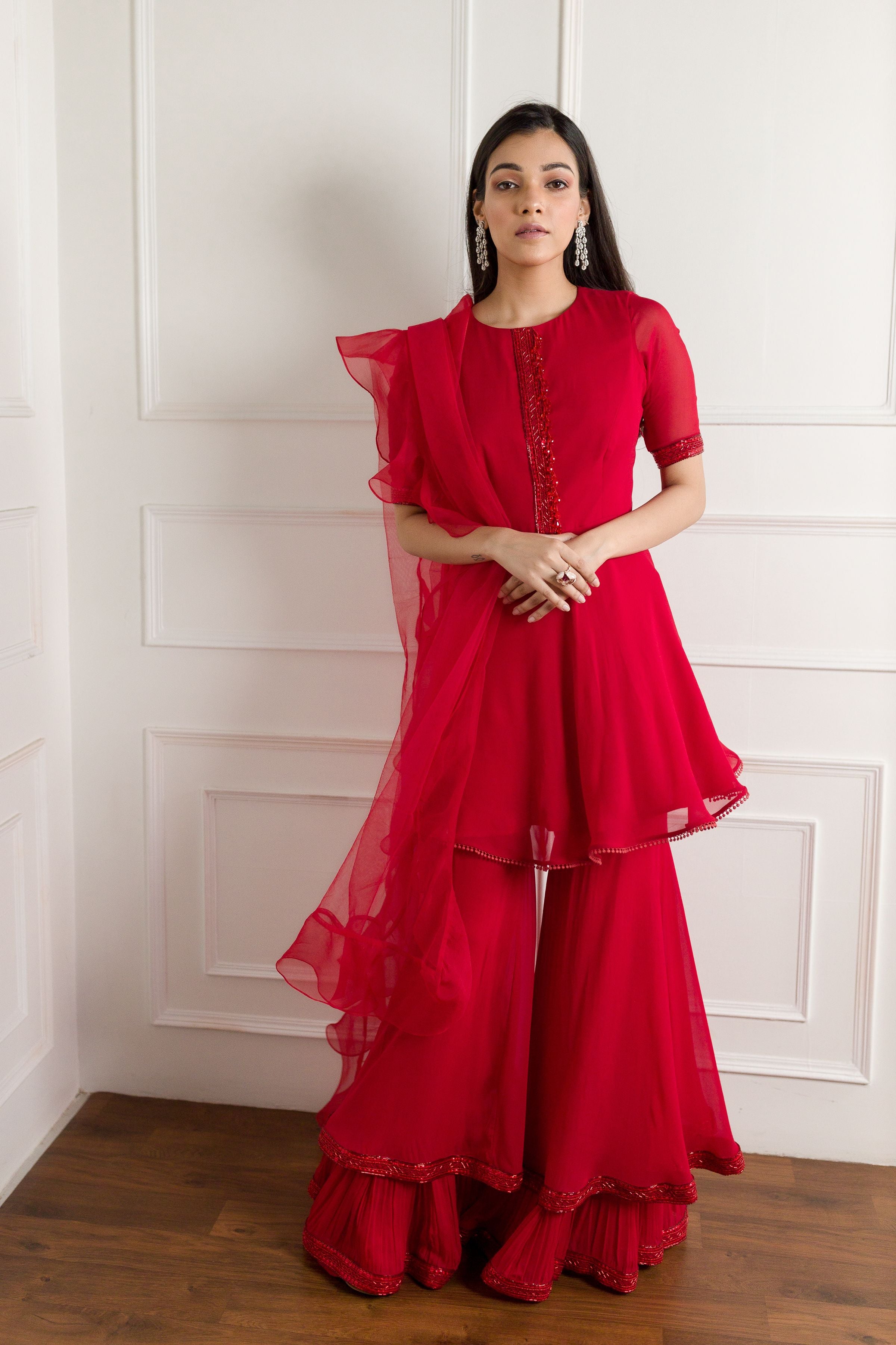 Red Tonal Peplum Sharara - MARKET