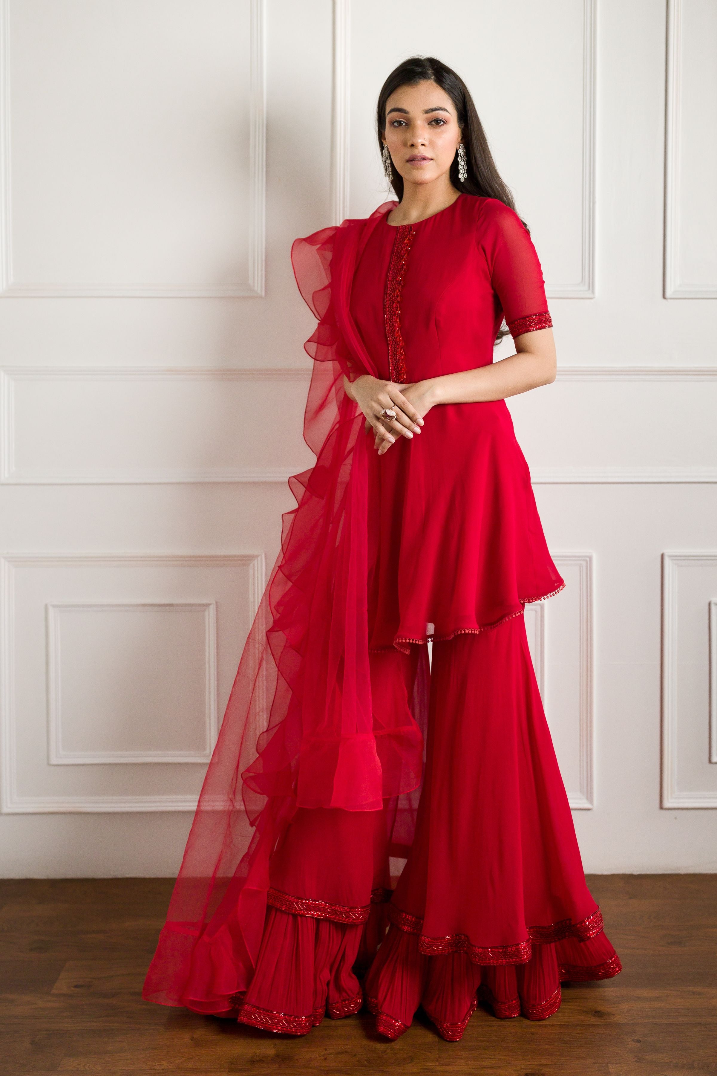 Red Tonal Peplum Sharara - MARKET