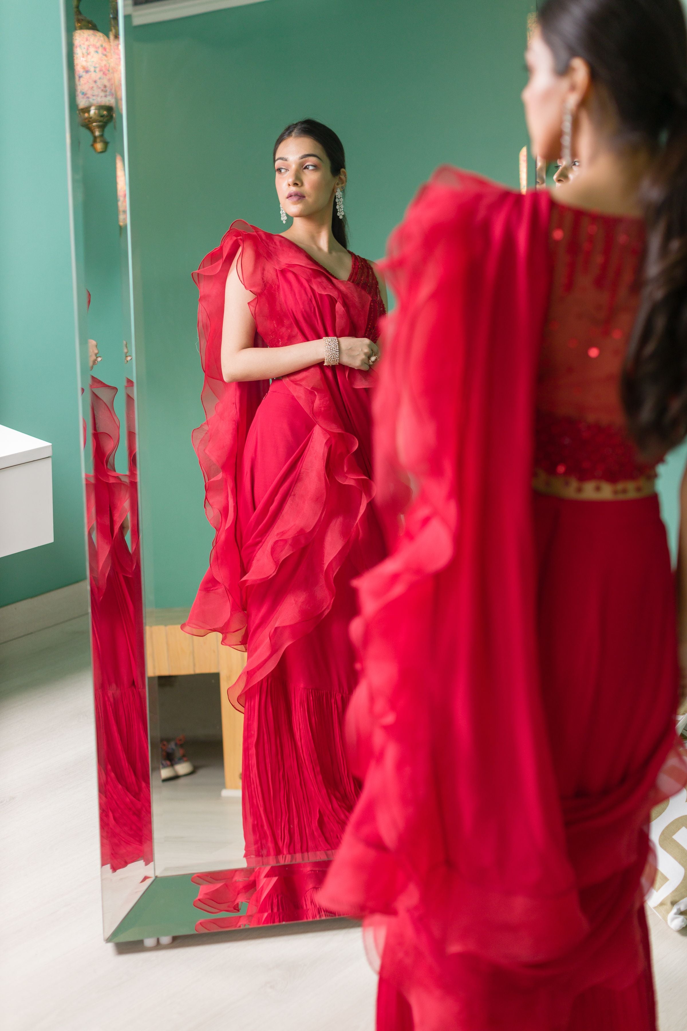 Red Tonal Embroidered Ruffle Saree - MARKET