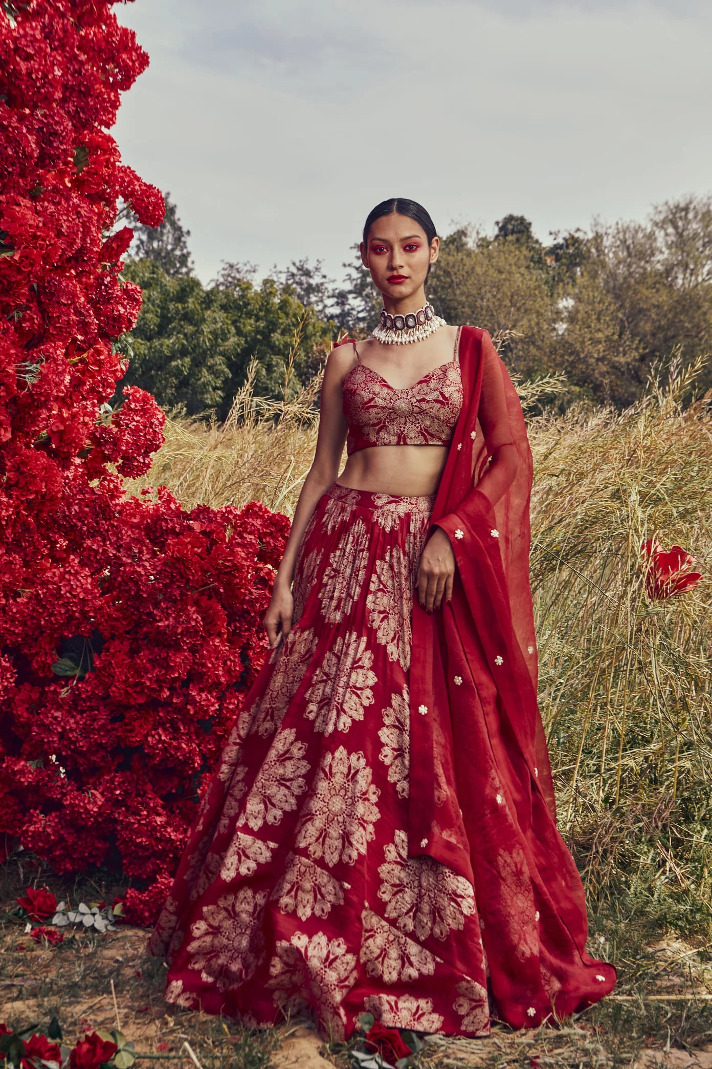 Red Tara Print Lehenga Set - MARKET