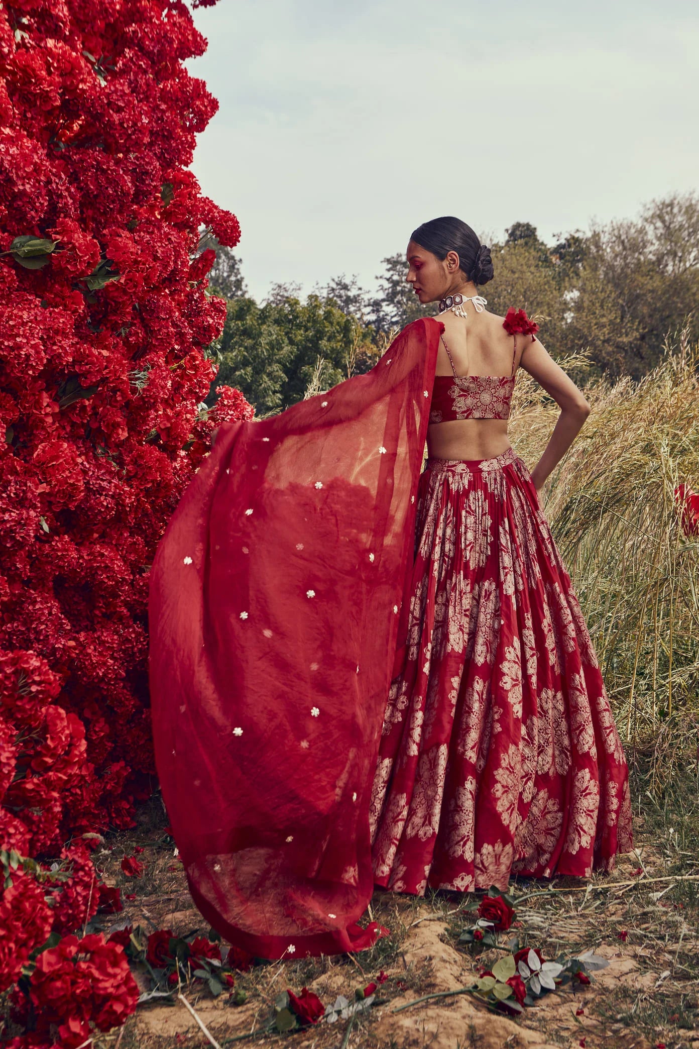 Red Tara Print Lehenga Set - MARKET