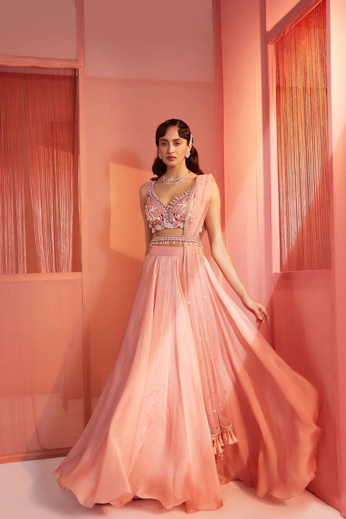 Dusty Pink Blouse and Organza Lehenga Set - MARKET