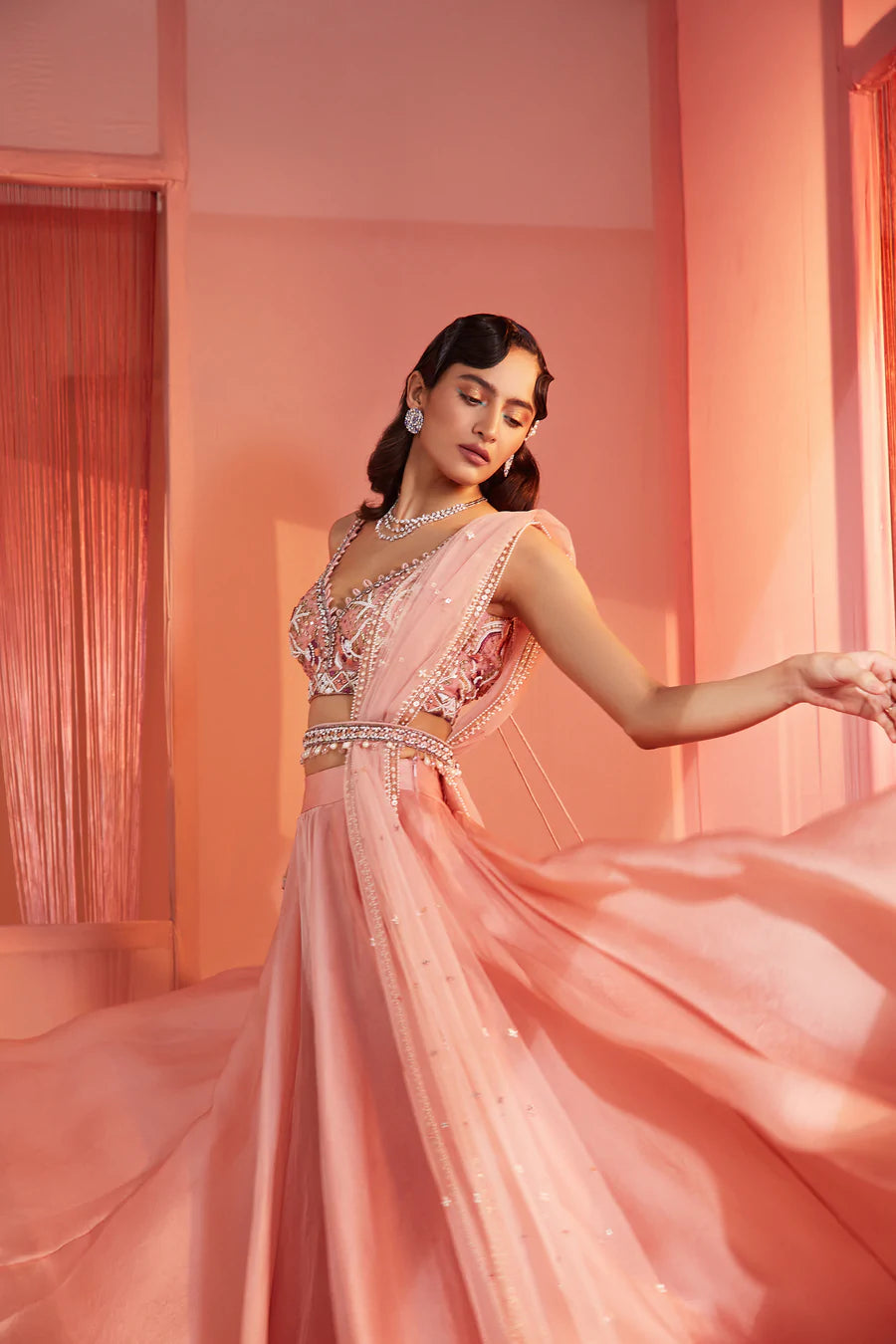 Dusty Pink Blouse and Organza Lehenga Set - MARKET