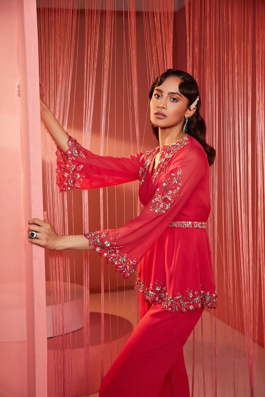 Coral Red Double Flap Kurta & Pants - MARKET